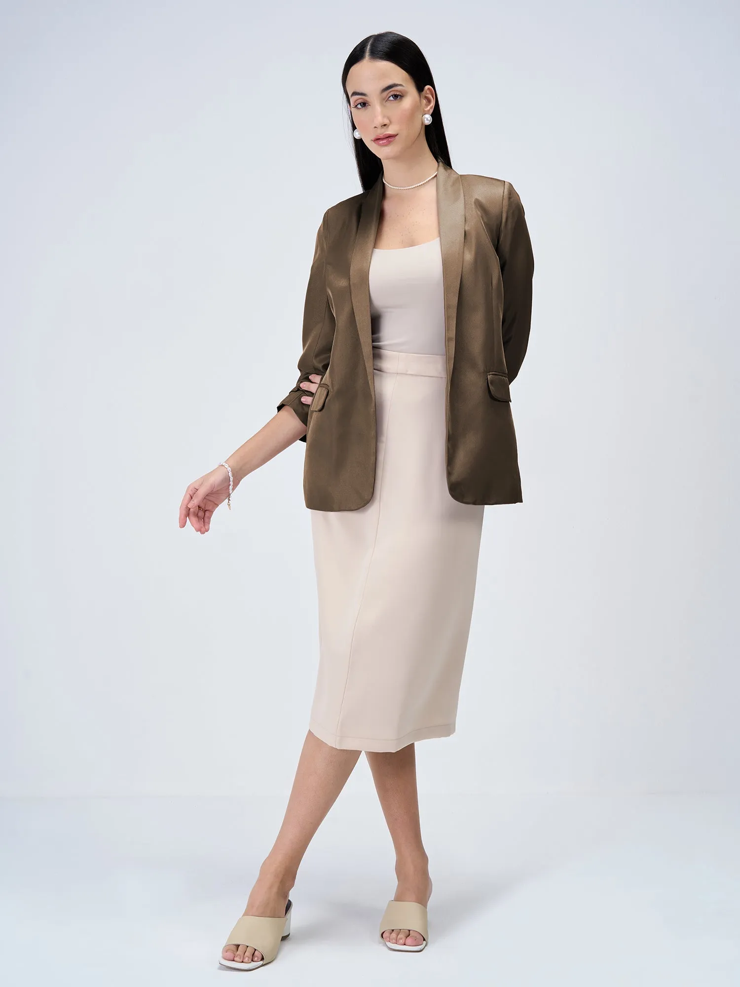 Iconic Ruched Sleeve Blazer - Umber Green sold by Salt Attire product image thumbnail 4