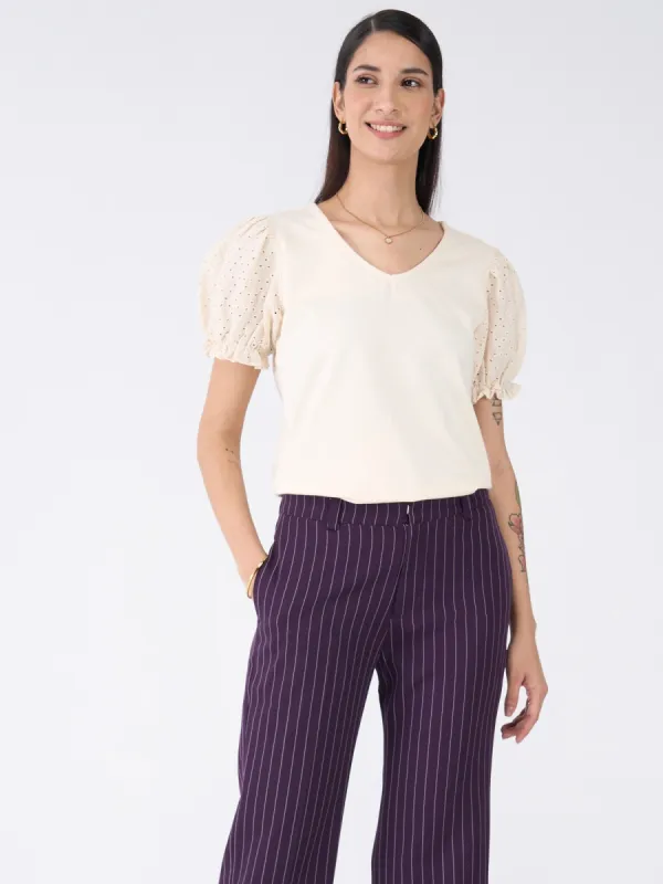 Broderie Tee Schiffli Insert T-Shirt-Off White sold by Salt Attire