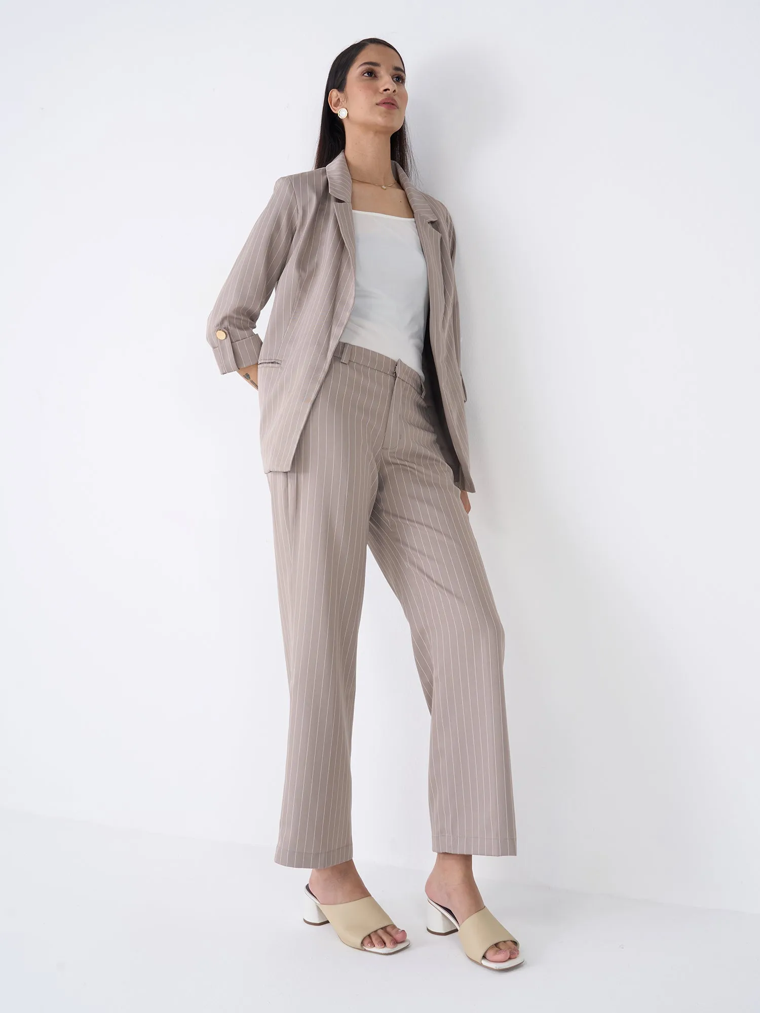 Ecuador Striped Rolled-Up Sleeves Blazer-Taupe/White sold by Salt Attire product image thumbnail 2