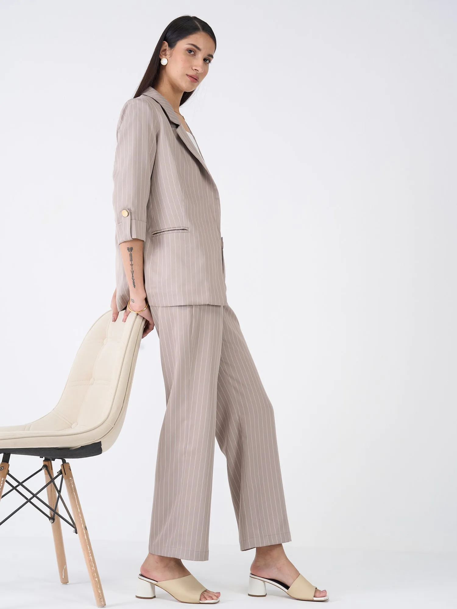 Ecuador Striped Rolled-Up Sleeves Blazer-Taupe/White sold by Salt Attire product image thumbnail 3