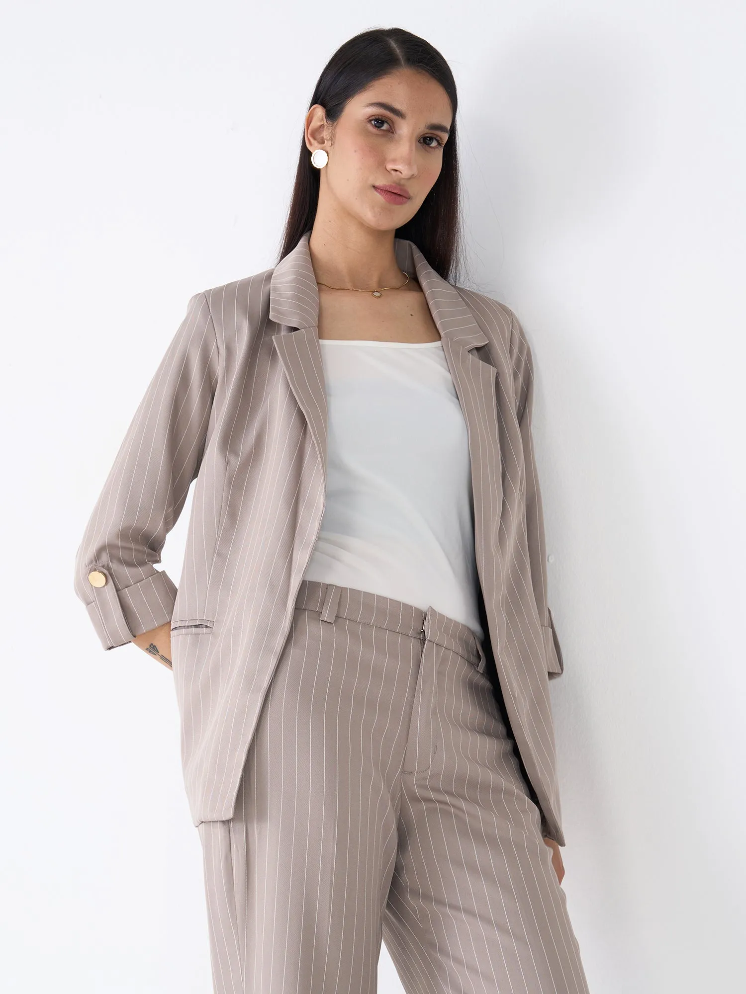 Ecuador Striped Rolled-Up Sleeves Blazer-Taupe/White sold by Salt Attire product image thumbnail 4