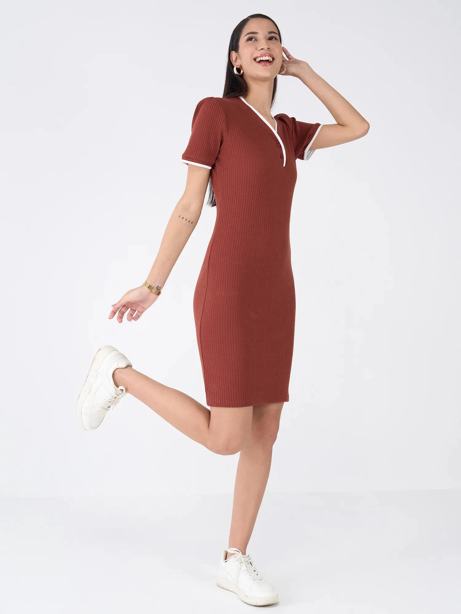 Mavis V Neck Rib Knit Dress-Brown/Beige sold by Salt Attire product image thumbnail 4