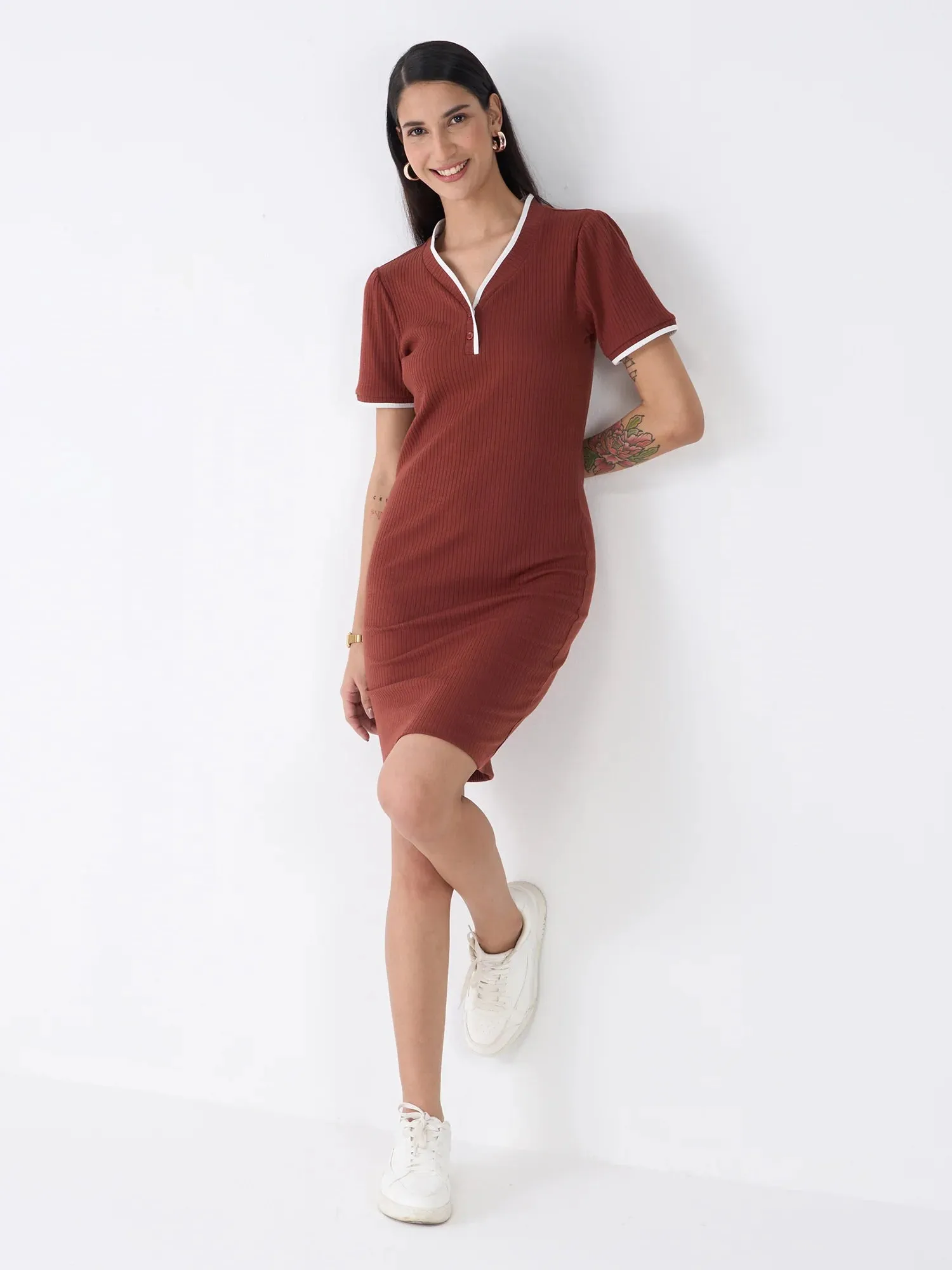 Mavis V Neck Rib Knit Dress-Brown/Beige sold by Salt Attire