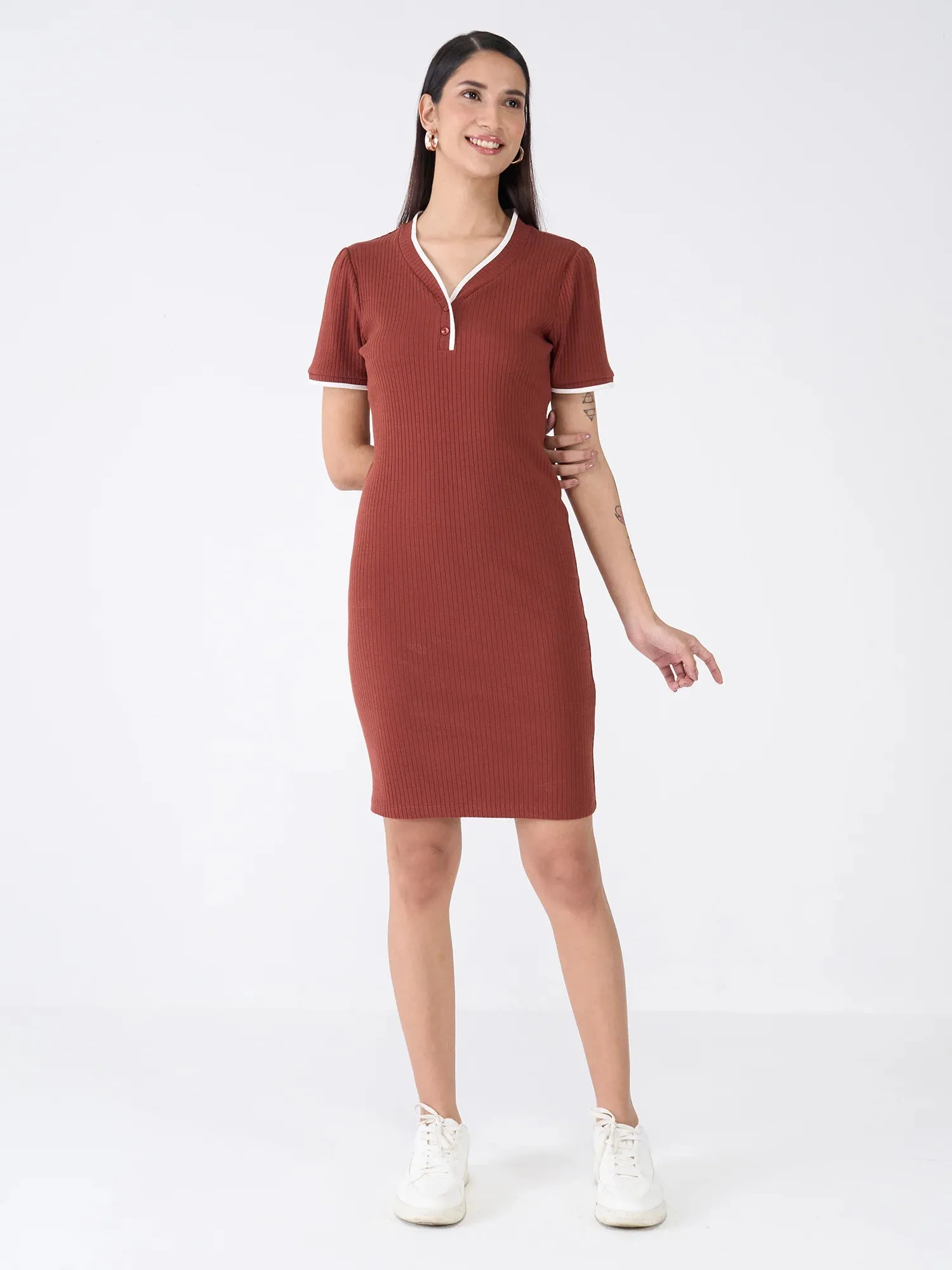 Mavis V Neck Rib Knit Dress-Brown/Beige sold by Salt Attire product image thumbnail 2