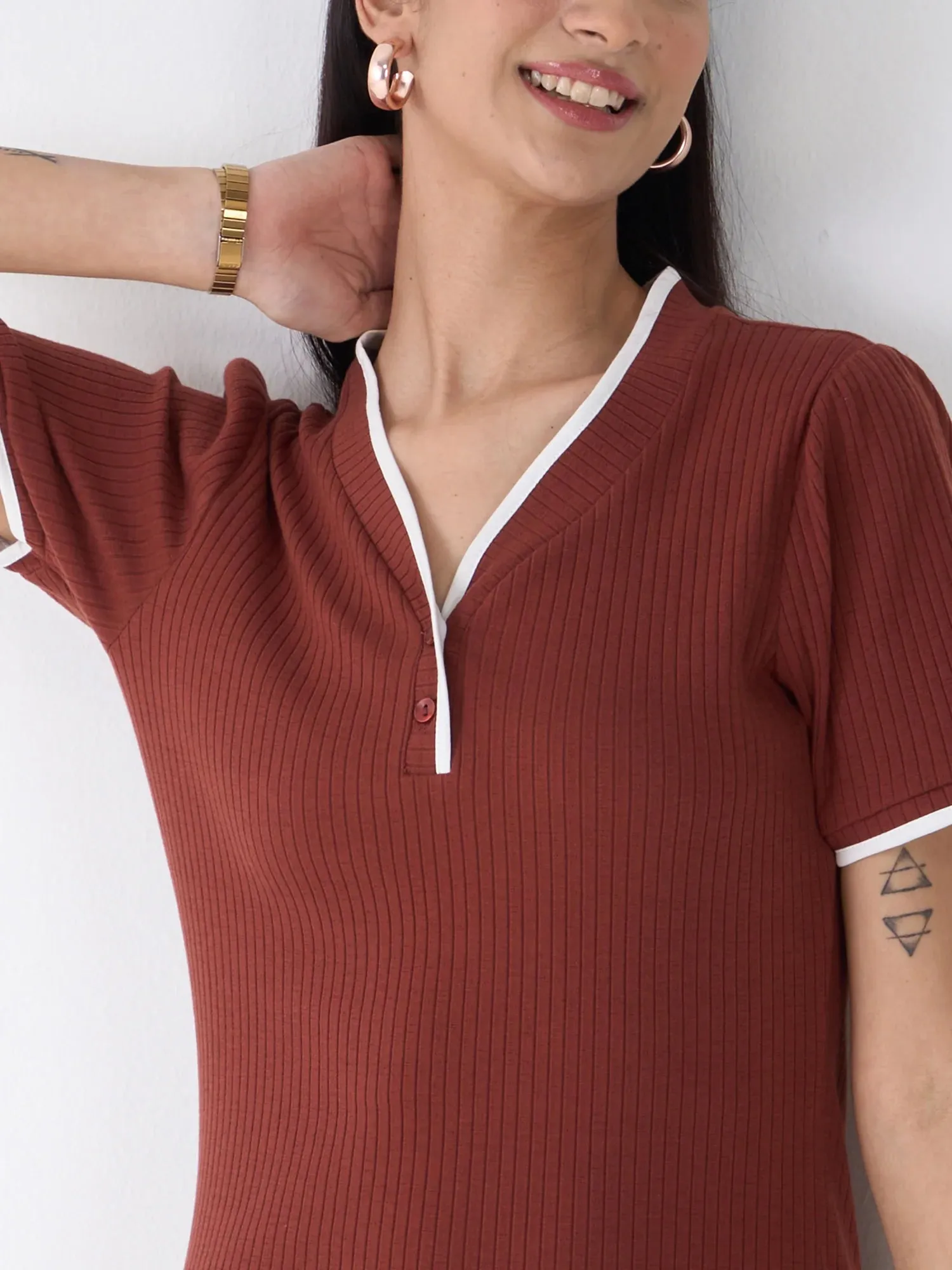 Mavis V Neck Rib Knit Dress-Brown/Beige sold by Salt Attire product image thumbnail 3