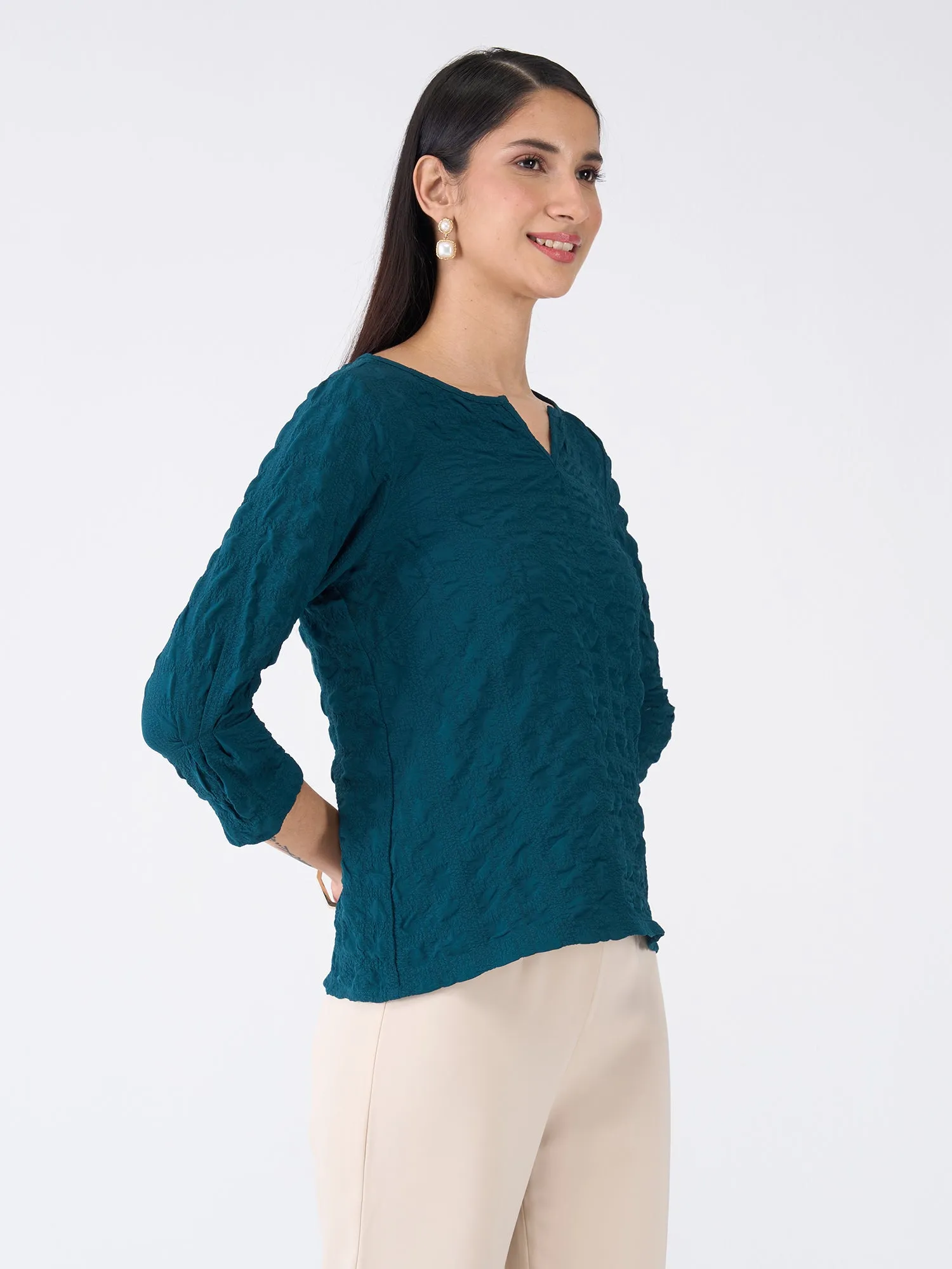 Granita Textured Split V-neck Top-Teal Green sold by Salt Attire product image thumbnail 4