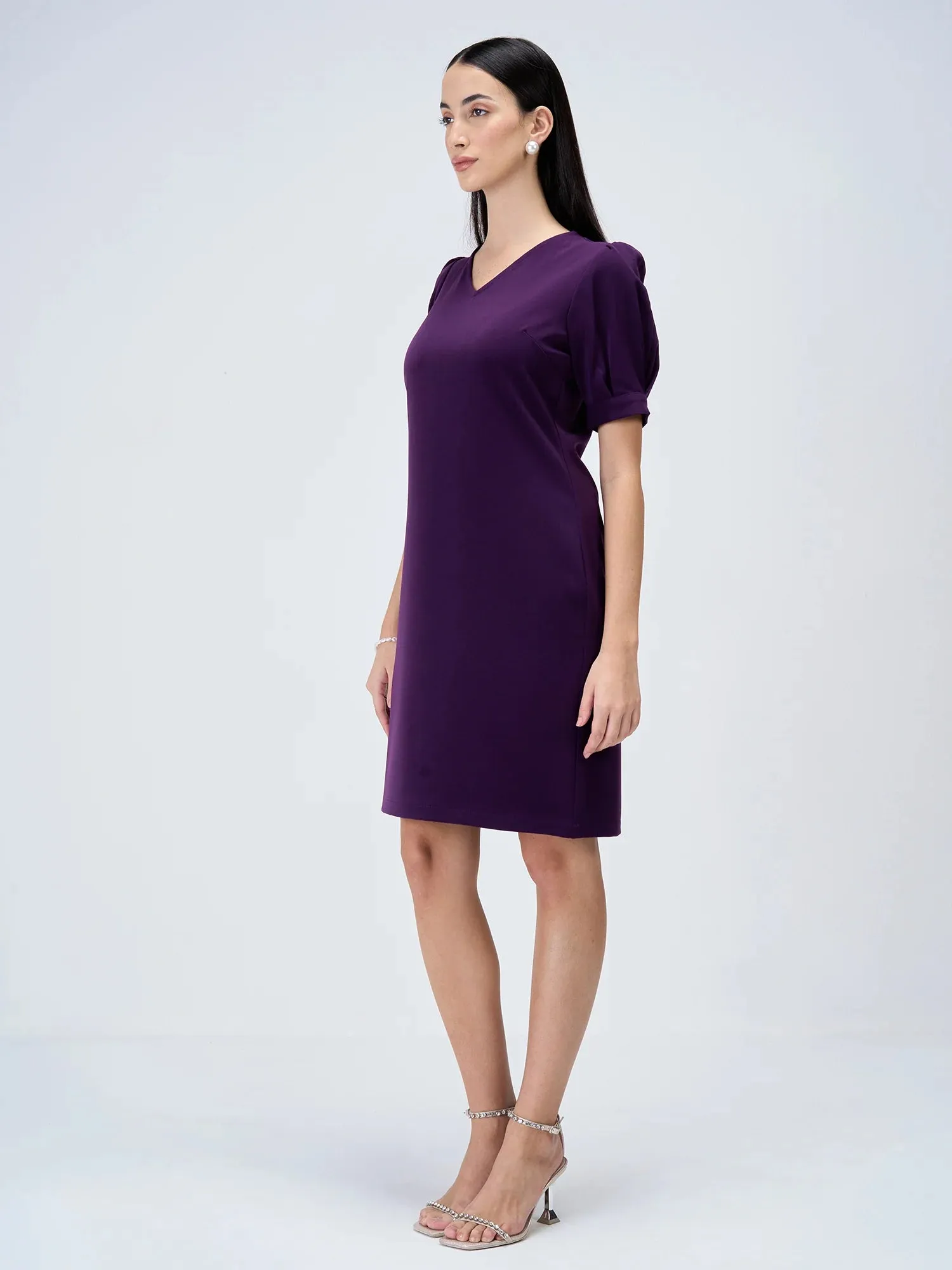 Valiant Balloon Sleeves Shift Dress-Purple sold by Salt Attire product image thumbnail 5