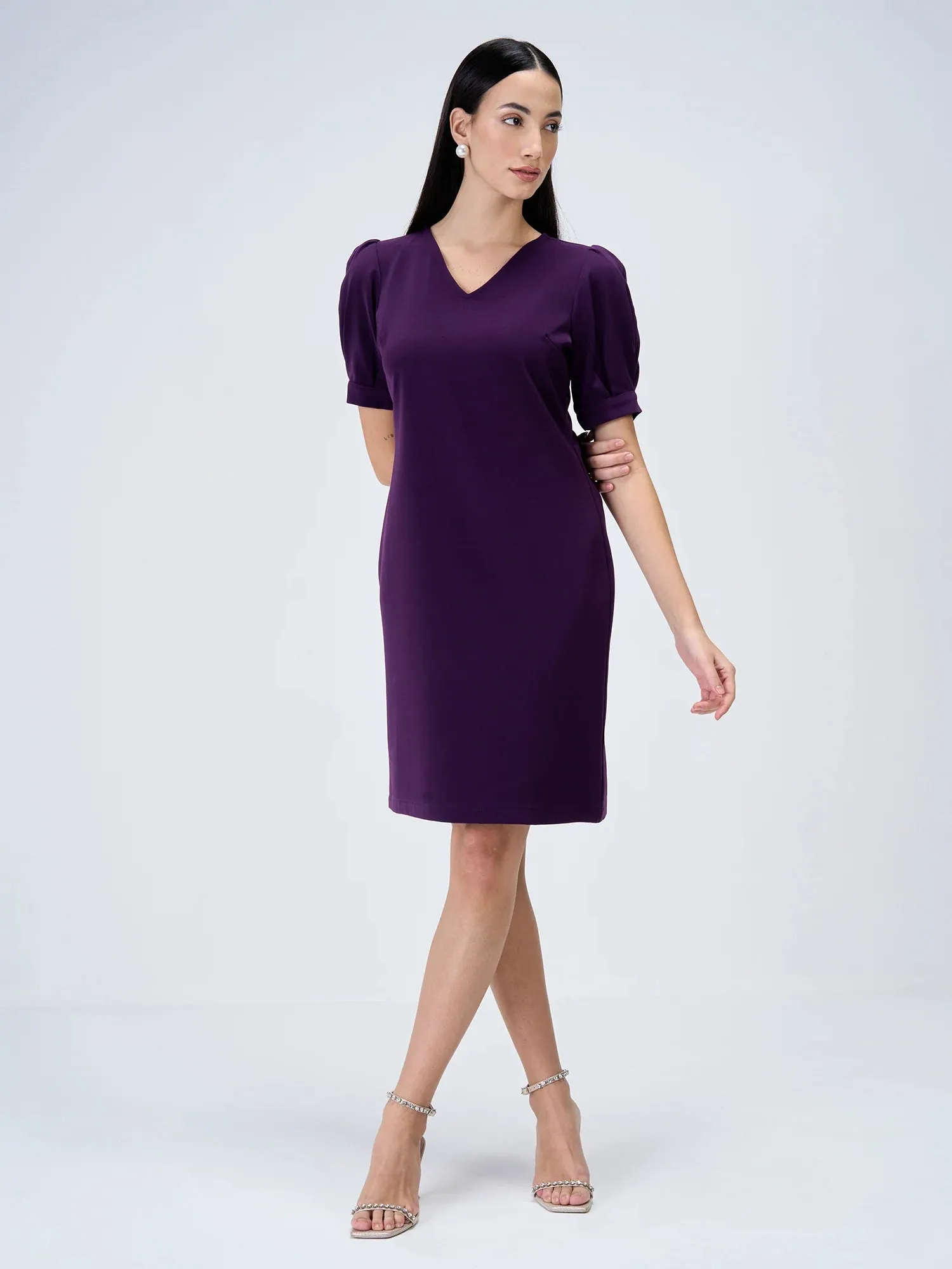Valiant Balloon Sleeves Shift Dress-Purple sold by Salt Attire product image thumbnail 2