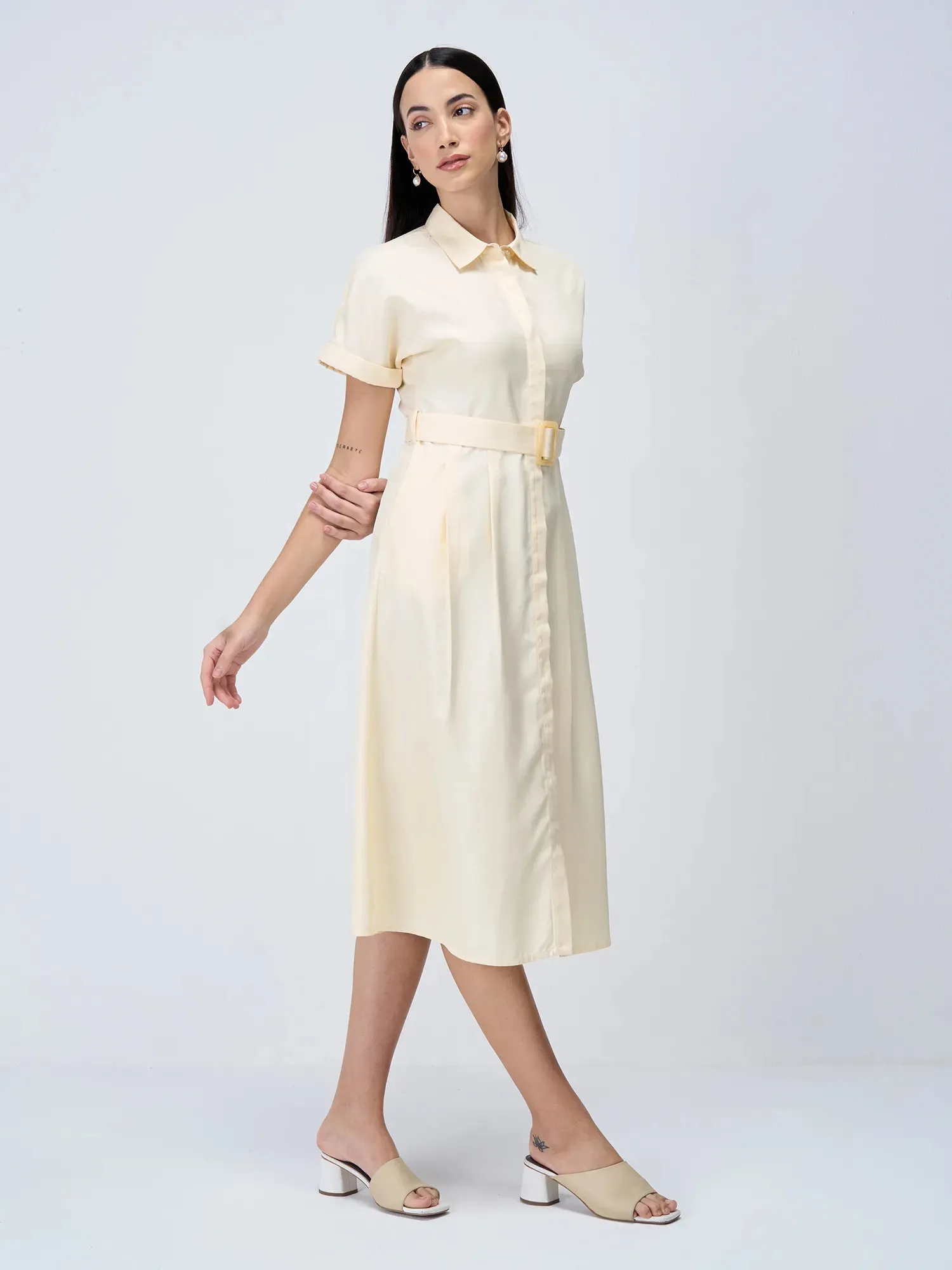 Beverly Fit and Flared Shirt Dress-Cream sold by Salt Attire product image thumbnail 4