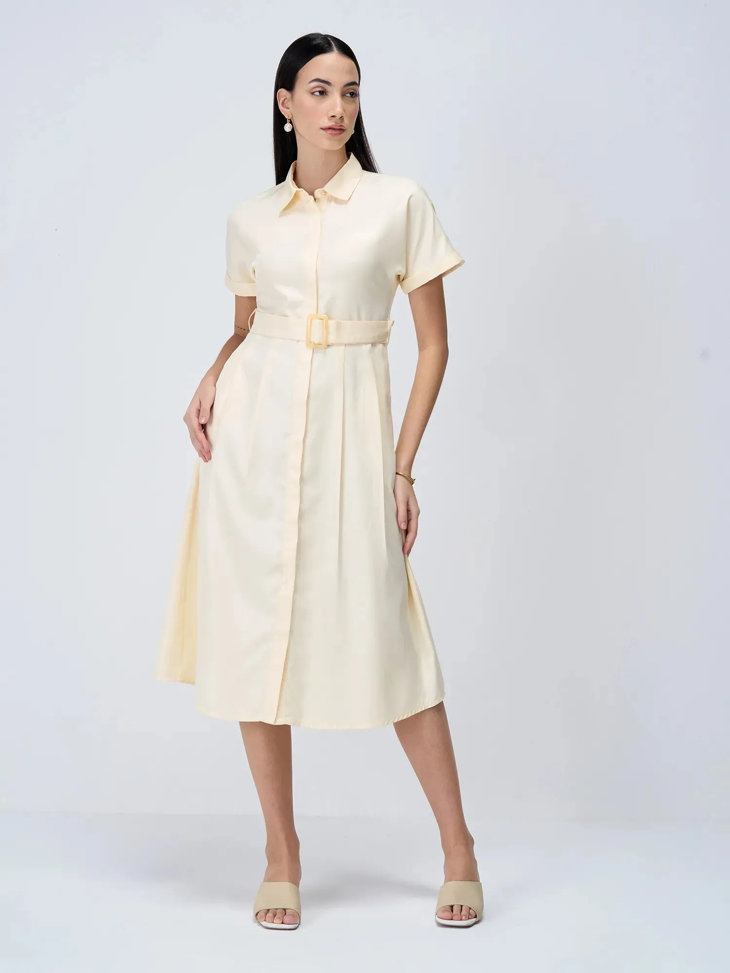 Beverly Fit and Flared Shirt Dress-Cream sold by Salt Attire