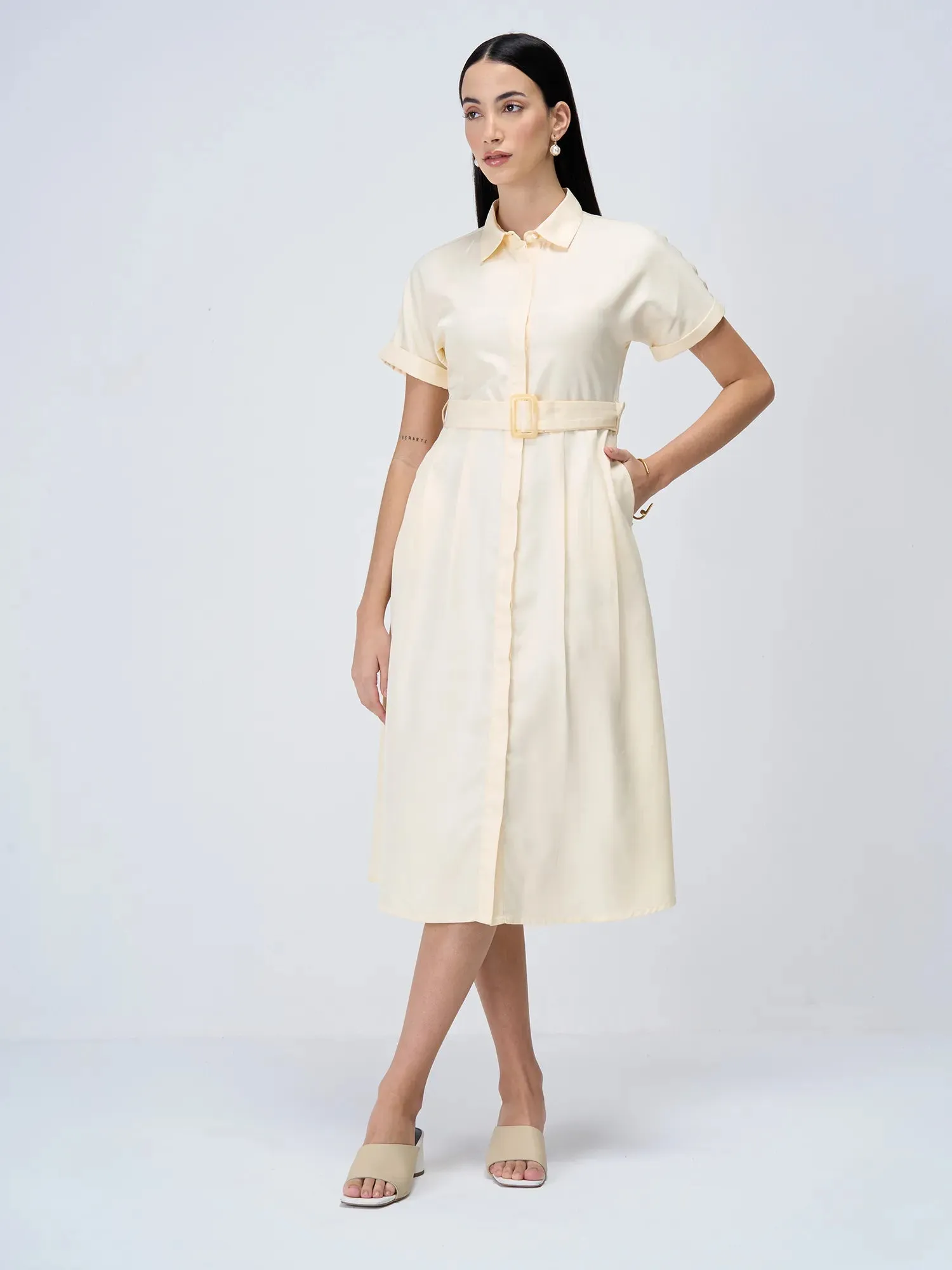 Beverly Fit and Flared Shirt Dress-Cream sold by Salt Attire product image thumbnail 5