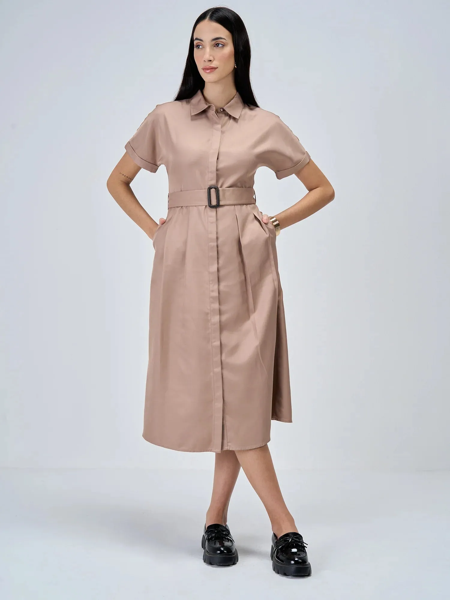Beverly Fit and Flared Shirt Dress-Dusty Peach sold by Salt Attire product image thumbnail 4