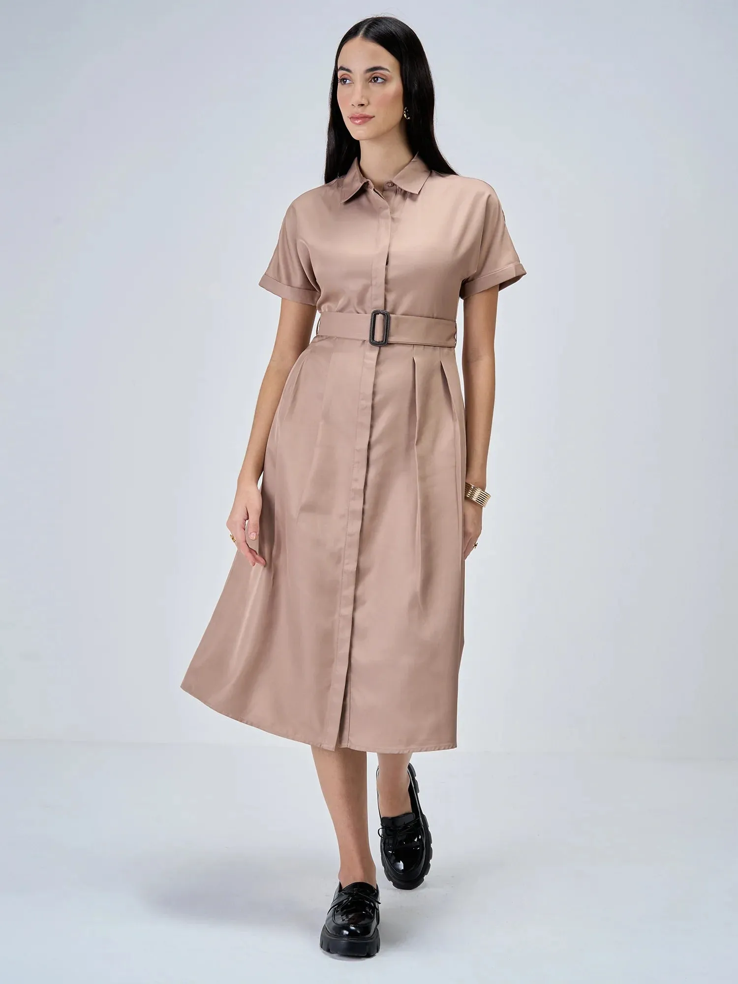 Beverly Fit and Flared Shirt Dress-Dusty Peach sold by Salt Attire