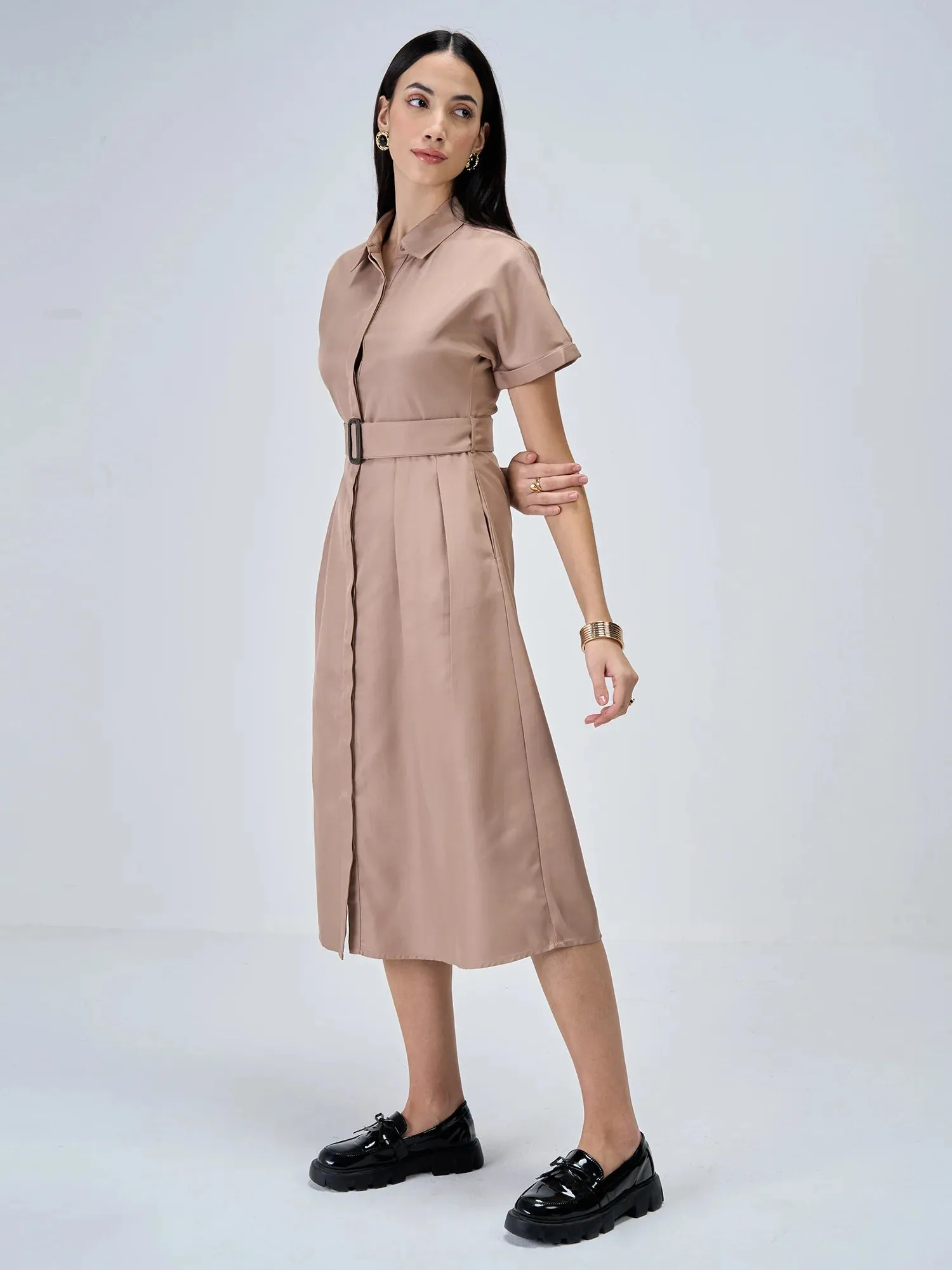 Beverly Fit and Flared Shirt Dress-Dusty Peach sold by Salt Attire product image thumbnail 5