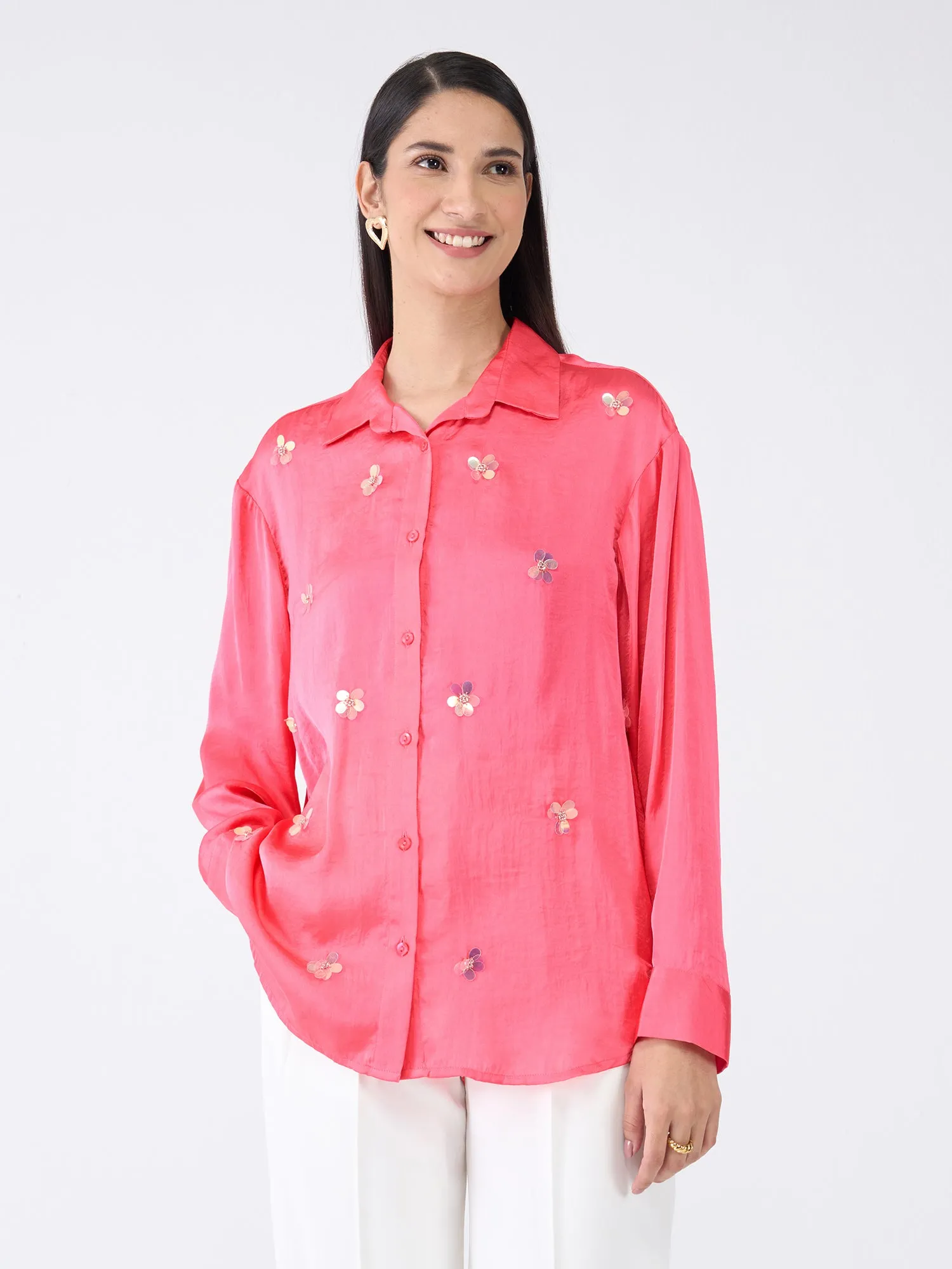 Confetti Embellished Button Down Shirt-Pink sold by Salt Attire