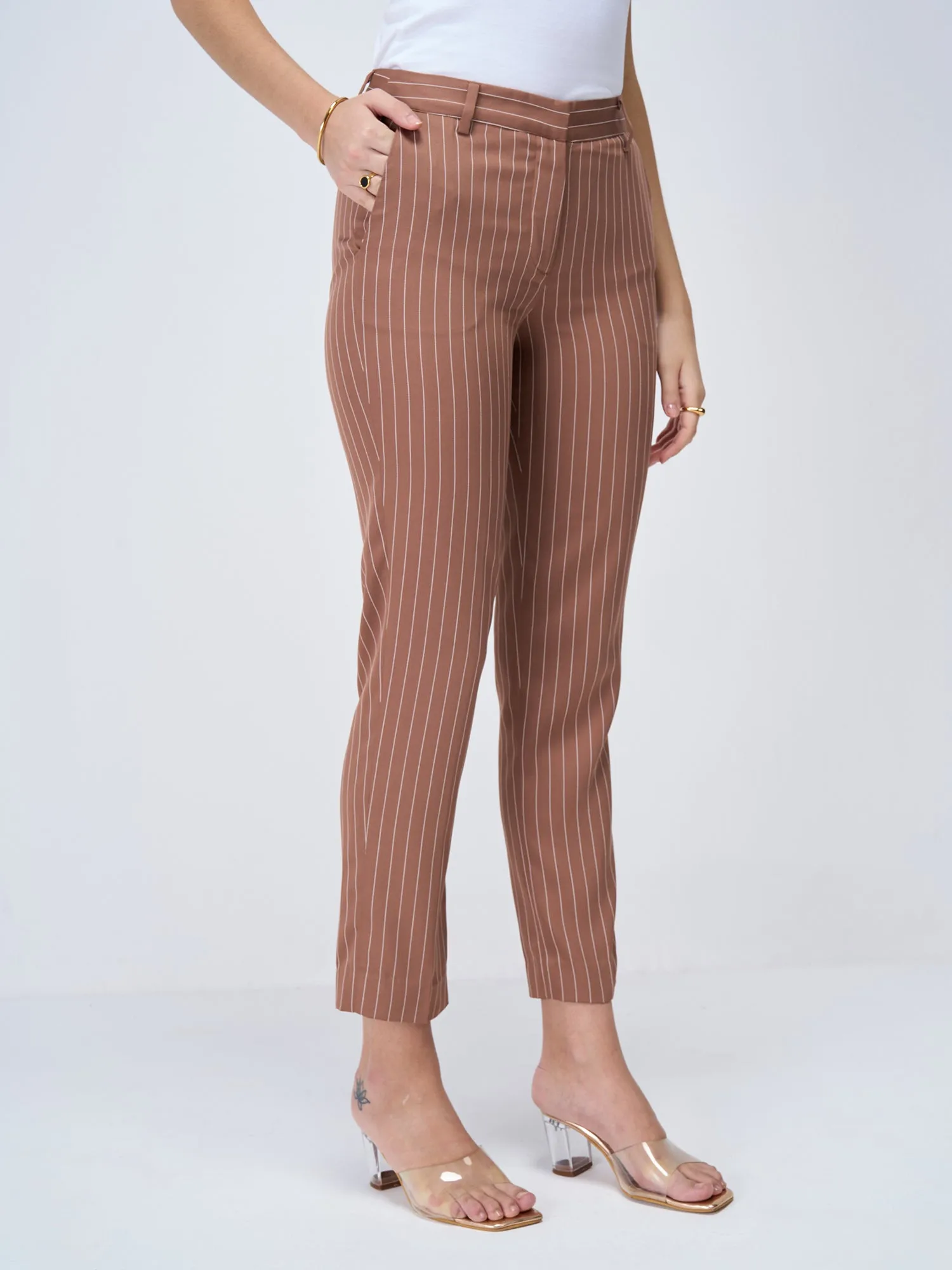 Earnest Striped Mid Rise Pants-Brown Stripe sold by Salt Attire product image thumbnail 5