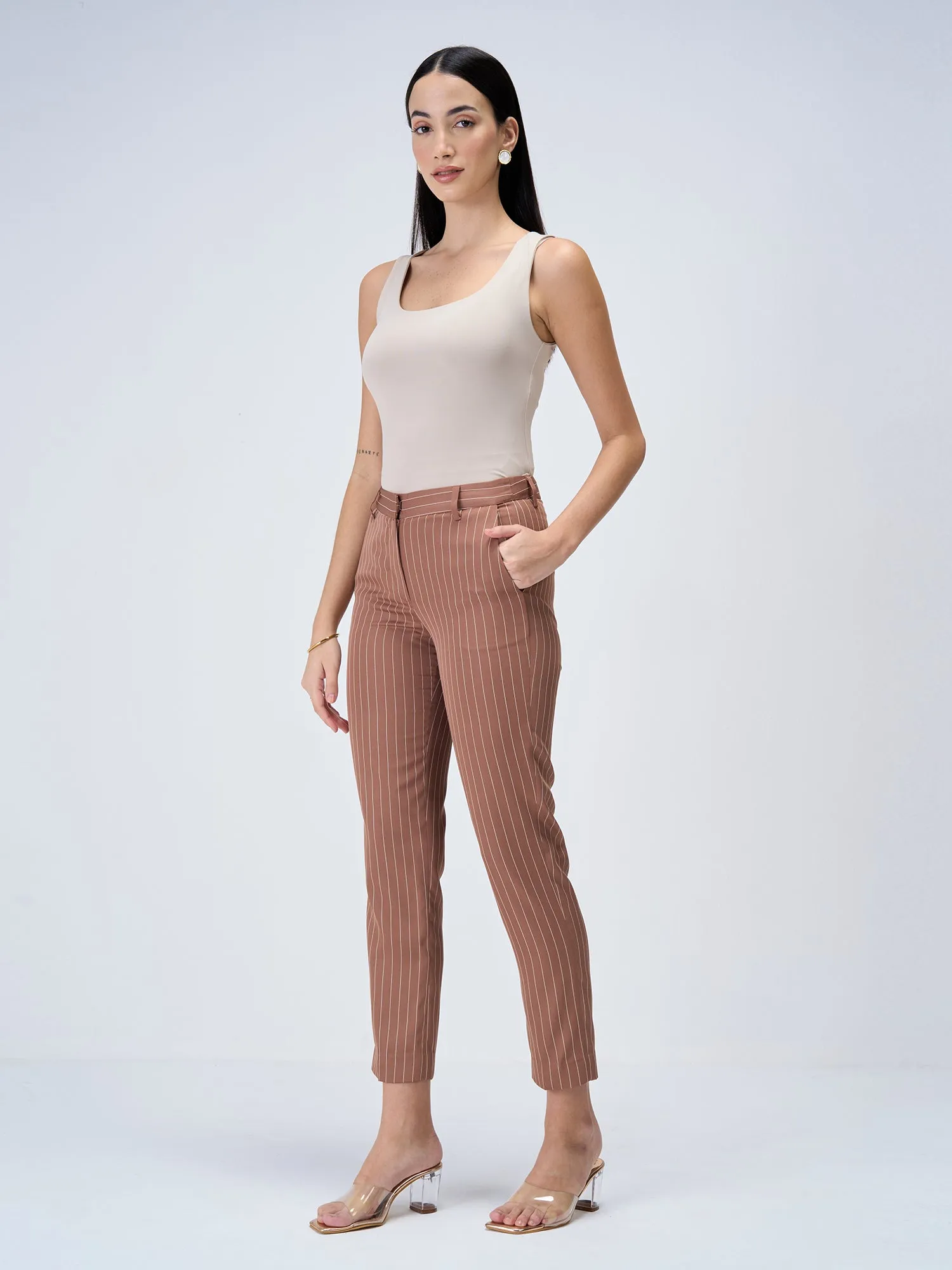 Earnest Striped Mid Rise Pants-Brown Stripe sold by Salt Attire product image thumbnail 4