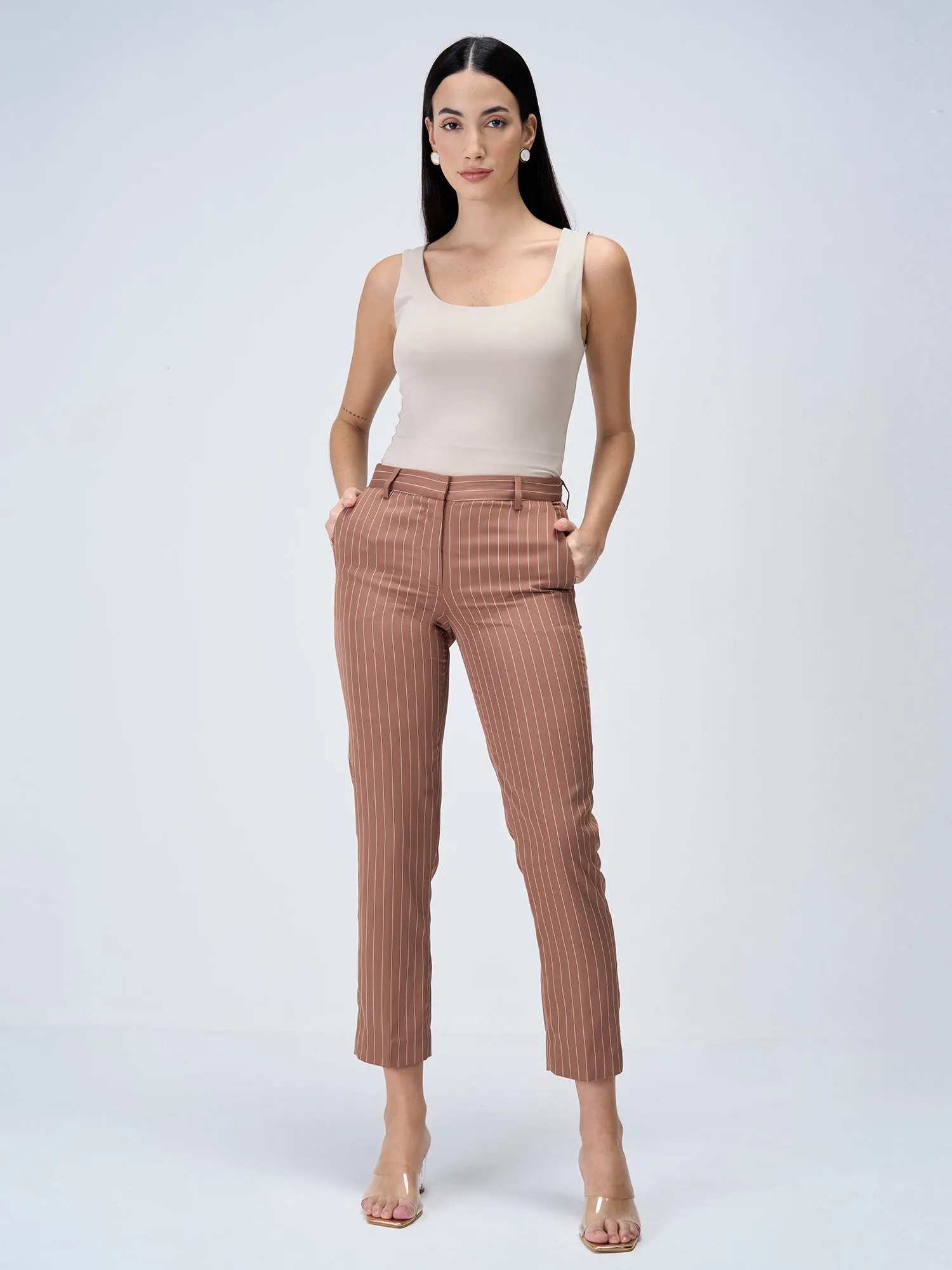 Earnest Striped Mid Rise Pants-Brown Stripe sold by Salt Attire