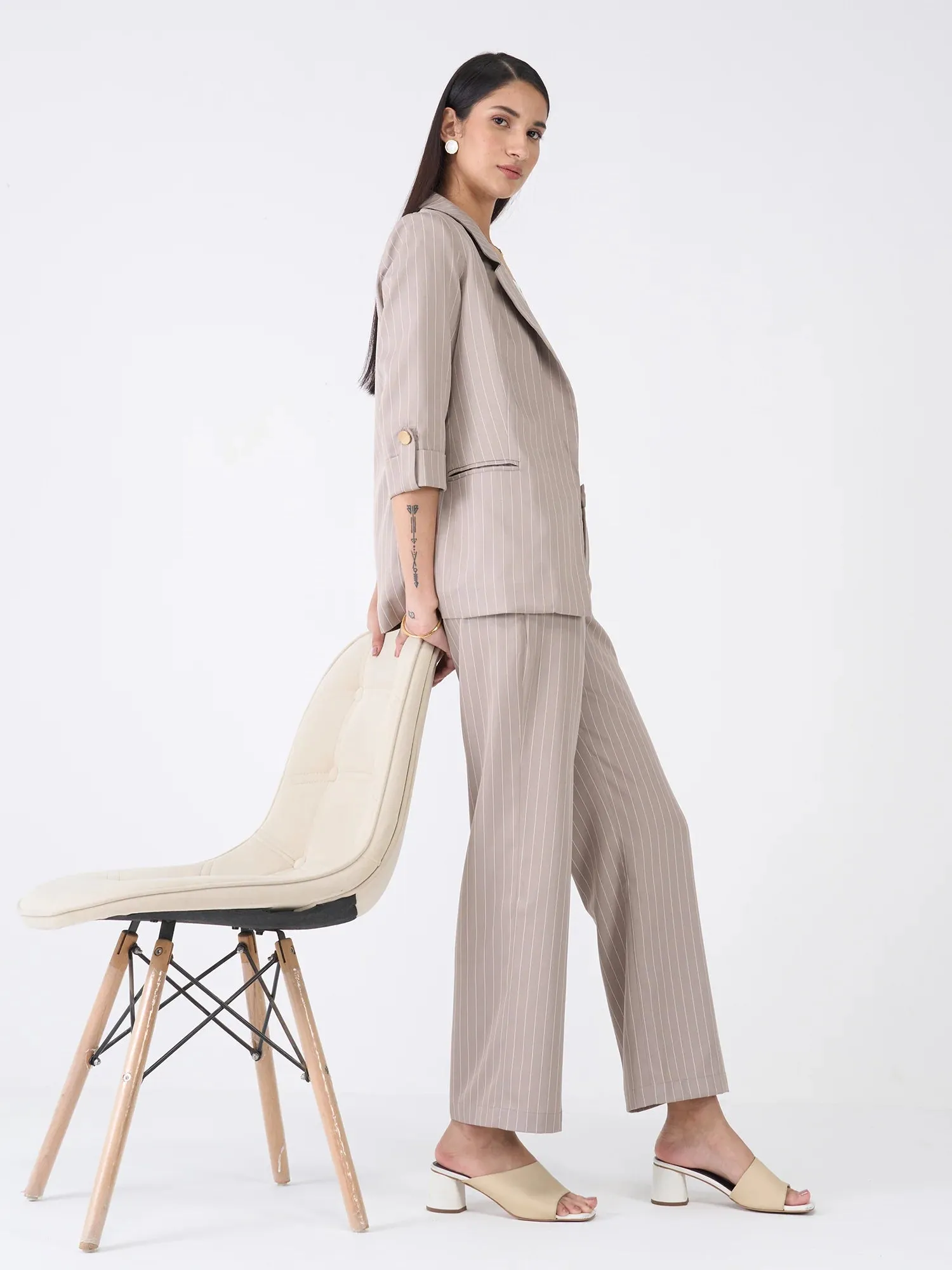 Tirana Striped Mid Rise Straight Trousers-Taupe/White sold by Salt Attire product image thumbnail 4