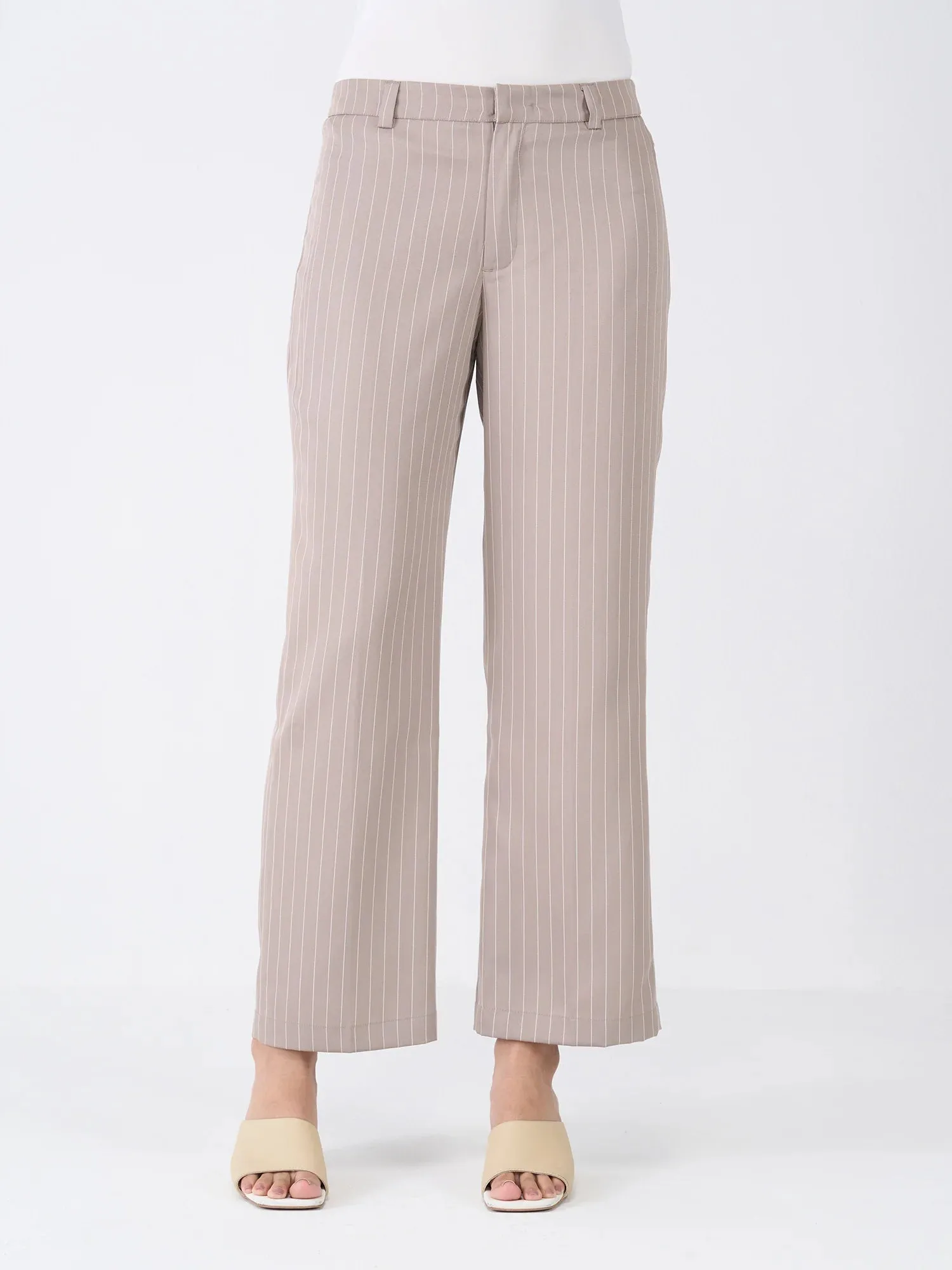 Tirana Striped Mid Rise Straight Trousers-Taupe/White sold by Salt Attire