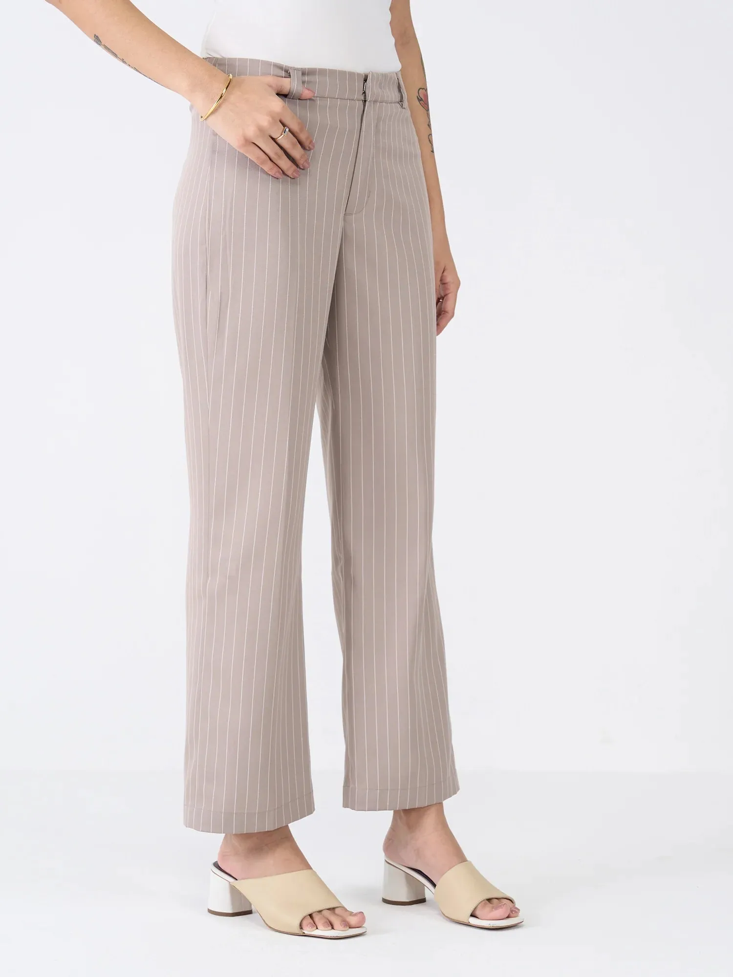 Tirana Striped Mid Rise Straight Trousers-Taupe/White sold by Salt Attire product image thumbnail 2