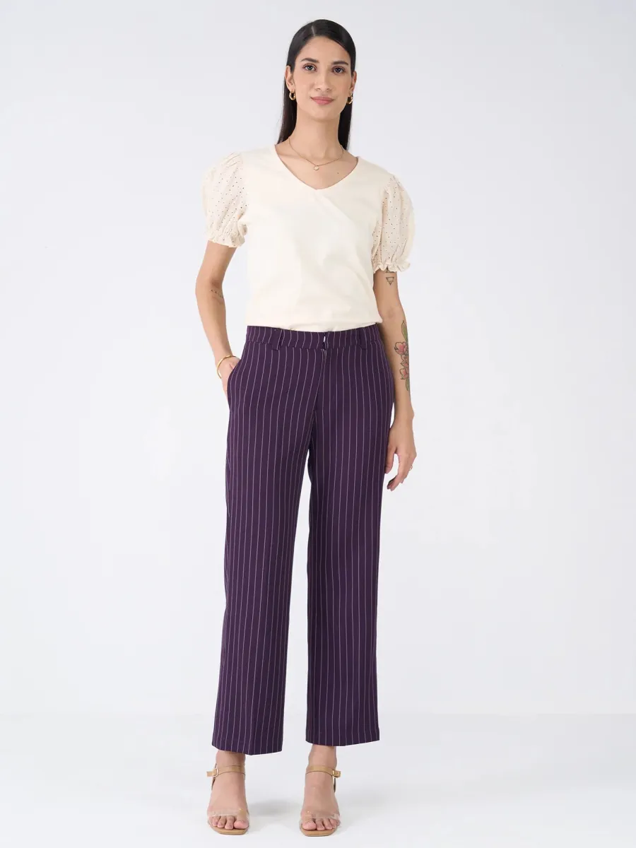 Tirana Striped Mid Rise Straight Trousers-Purple/White sold by Salt Attire
