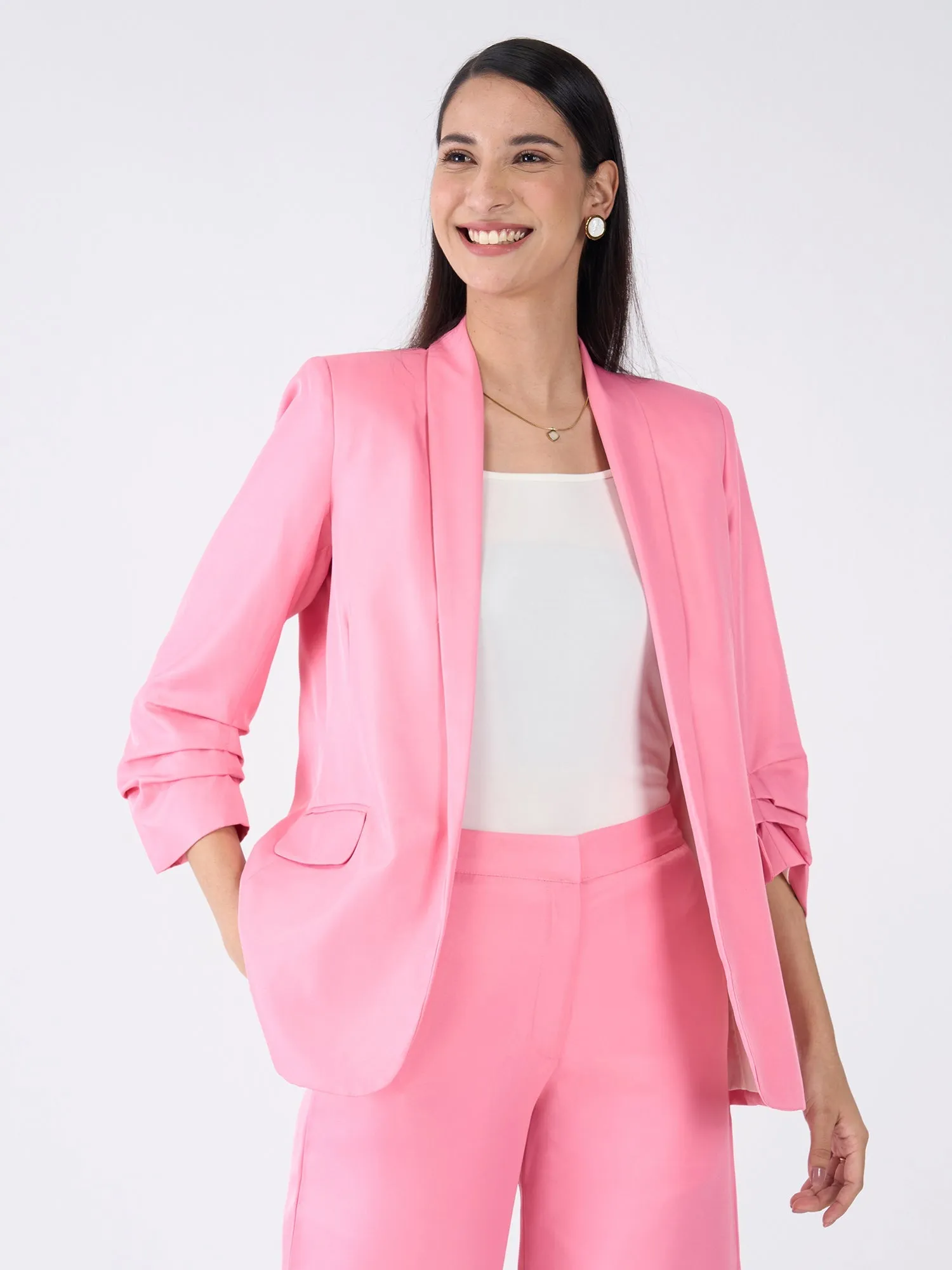 Iconic Ruched Sleeve Blazer-Candy Pink sold by Salt Attire product image thumbnail 3