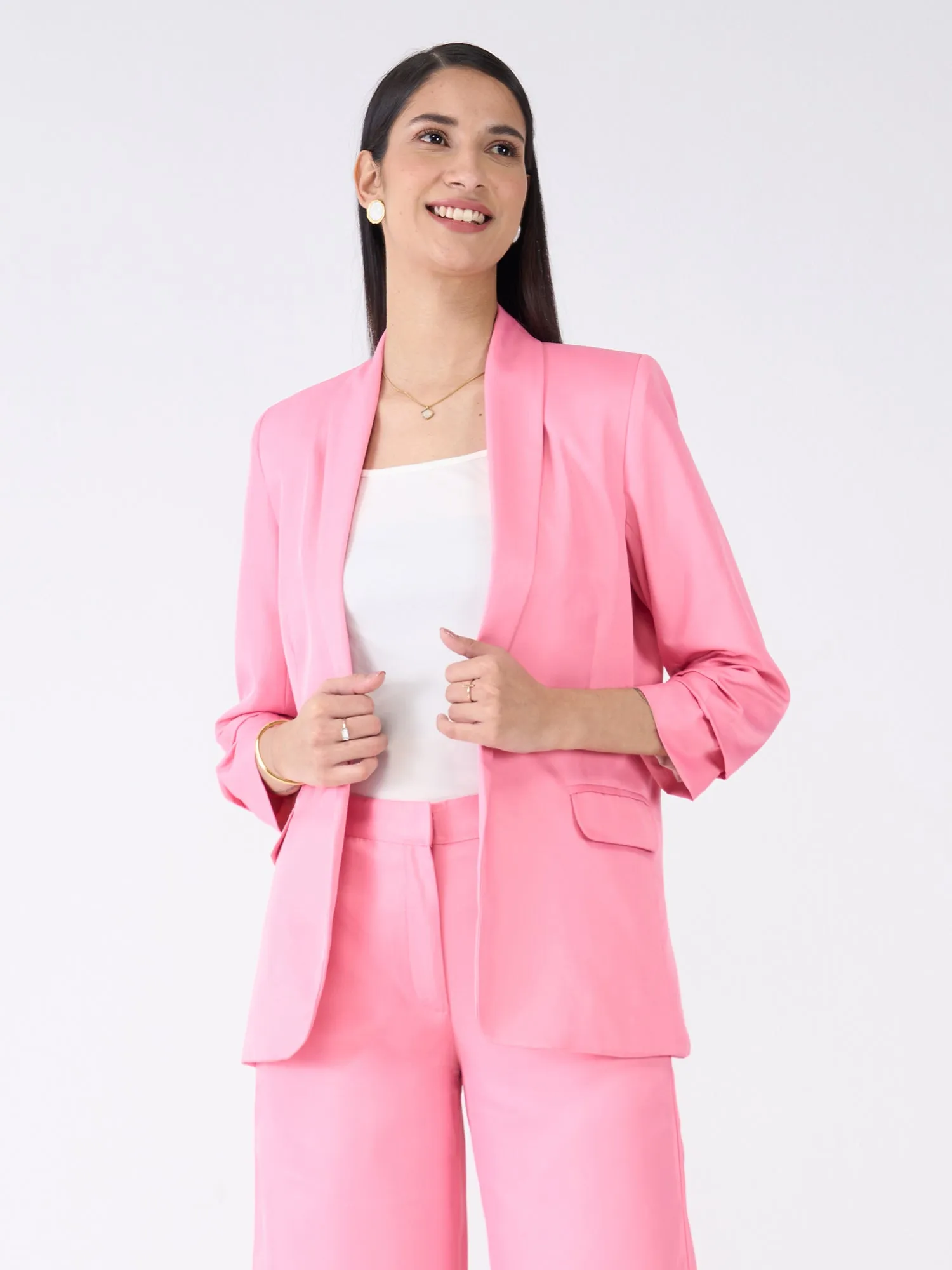 Iconic Ruched Sleeve Blazer-Candy Pink sold by Salt Attire