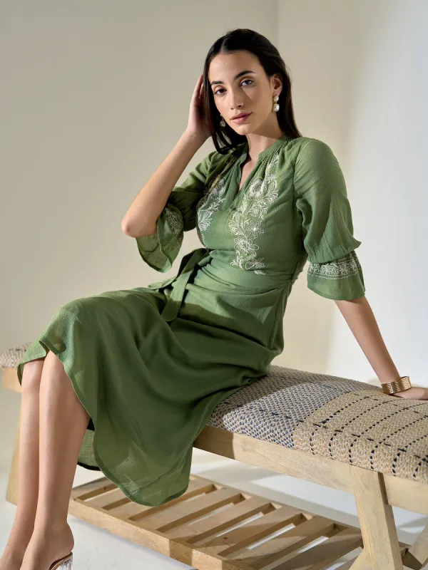 Forest Finesse Embroidered A-Line Dress-Olive/White sold by Salt Attire
