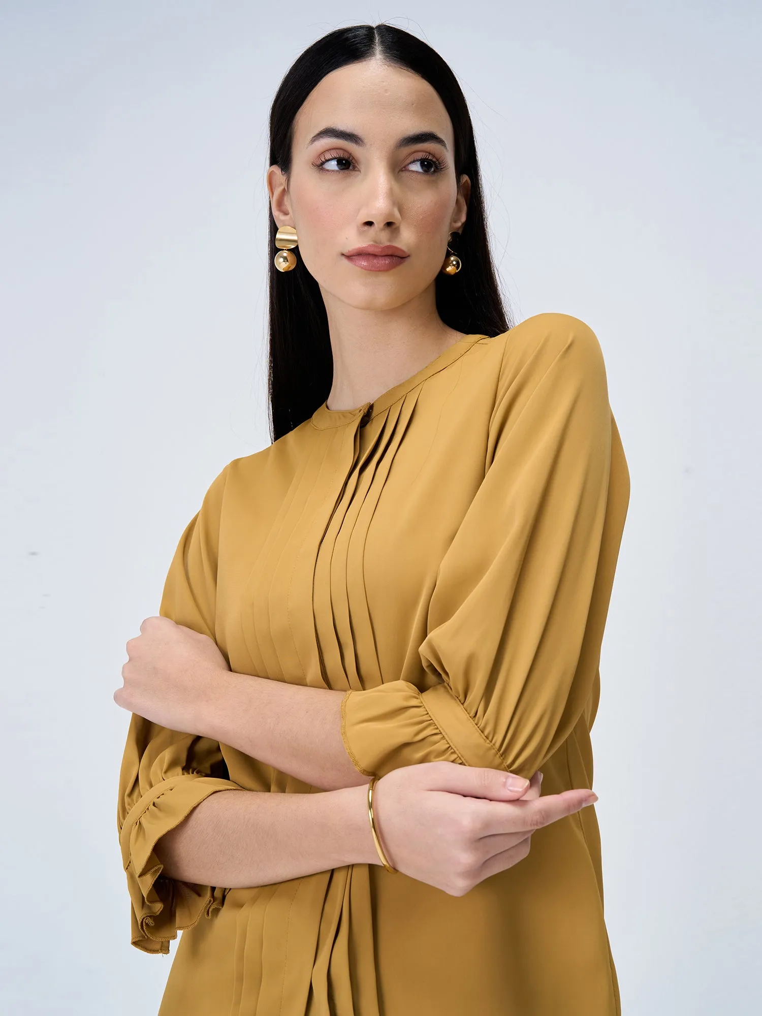 Pansy Gimlet Pintuck Detailing Top-Mustard sold by Salt Attire product image thumbnail 2