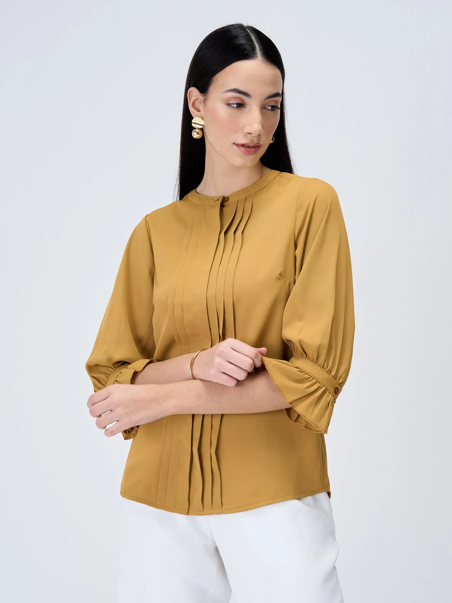 Pansy Gimlet Pintuck Detailing Top-Mustard sold by Salt Attire