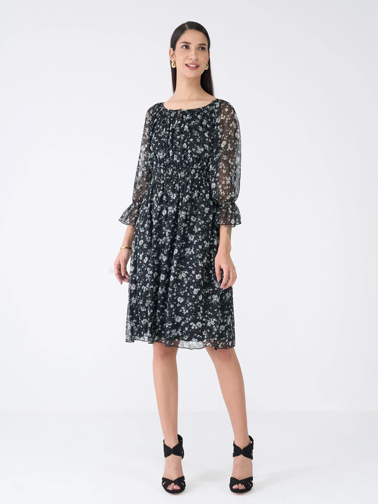 Clary Floral Fit and Flared Dress-Black/White sold by Salt Attire product image thumbnail 4
