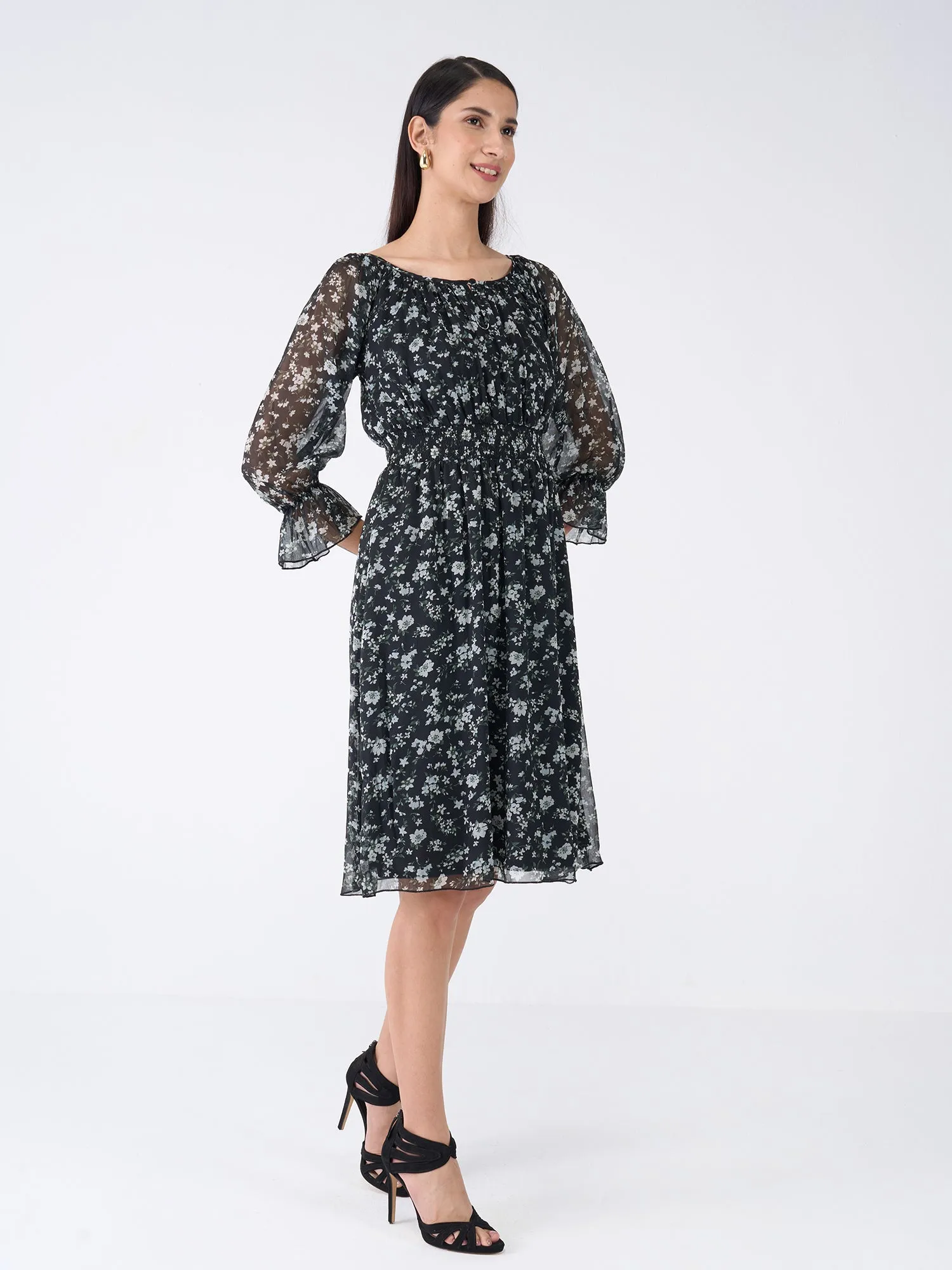 Clary Floral Fit and Flared Dress-Black/White sold by Salt Attire product image thumbnail 2