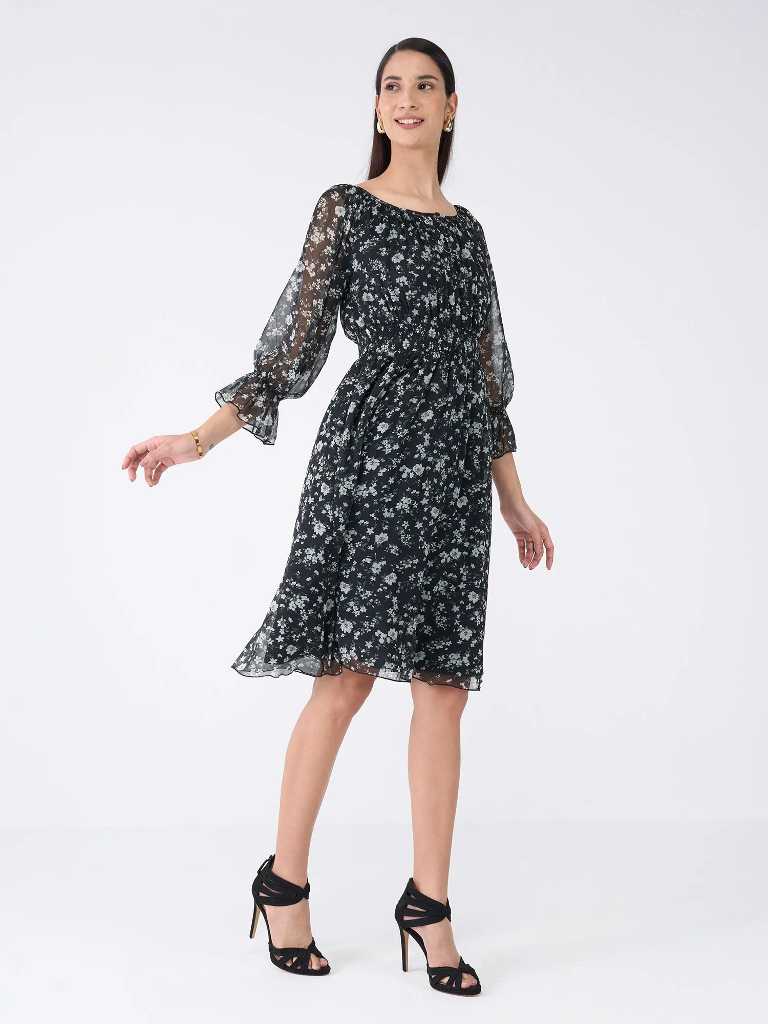 Clary Floral Fit and Flared Dress-Black/White sold by Salt Attire product image thumbnail 5