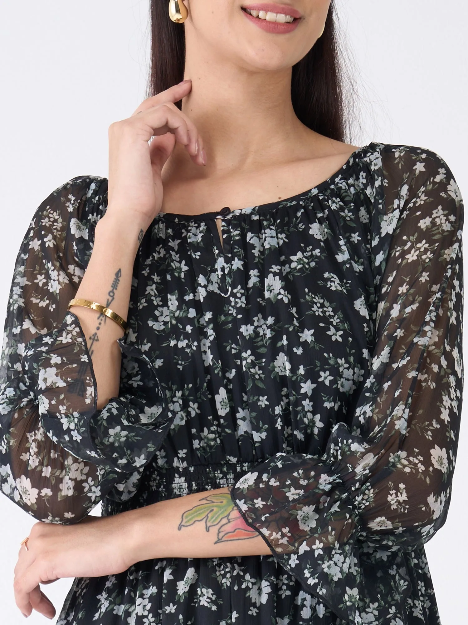 Clary Floral Fit and Flared Dress-Black/White sold by Salt Attire product image thumbnail 3