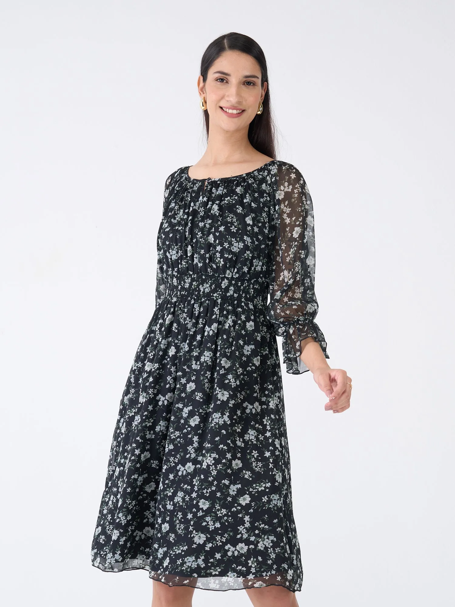 Clary Floral Fit and Flared Dress-Black/White sold by Salt Attire