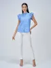 Aquarelle Striped Ruffled Button Down Top - Blue & White sold by Salt Attire
