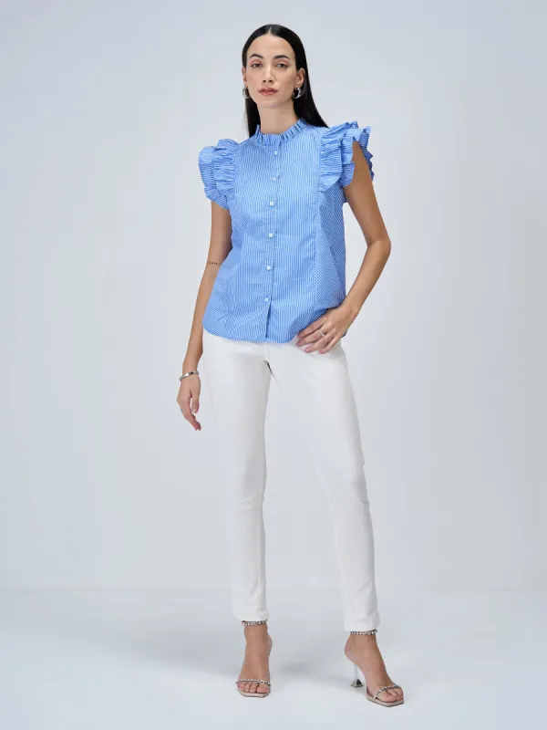 Aquarelle Striped Ruffled Button Down Top - Blue & White sold by Salt Attire