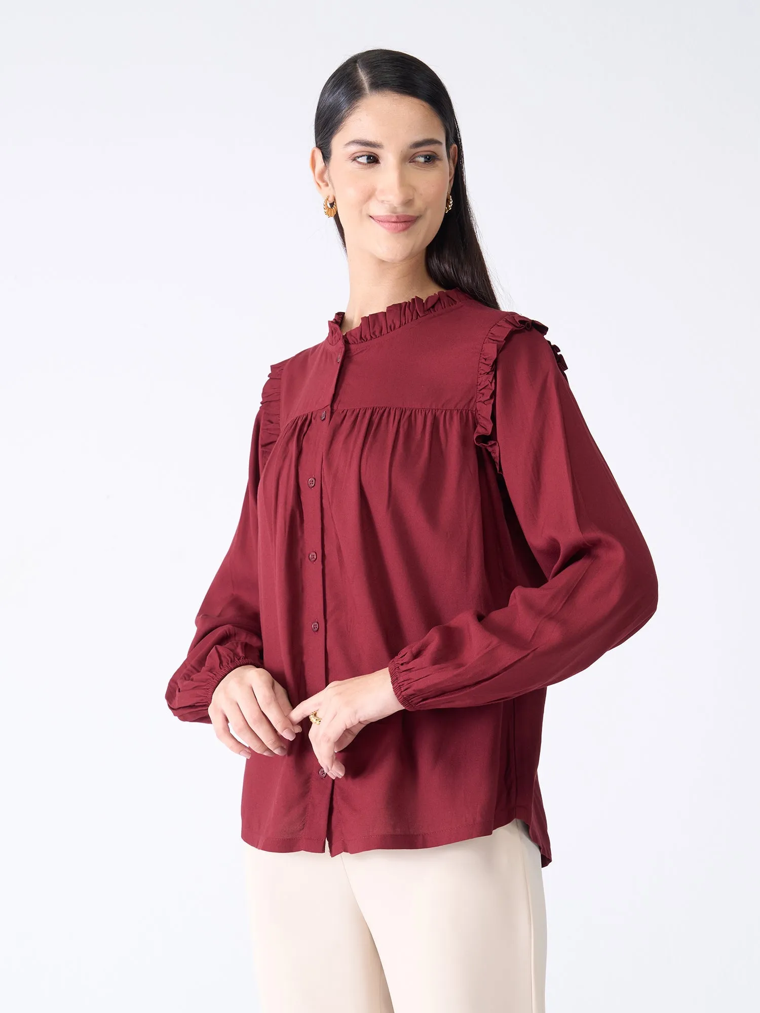 Rosy Ruffled Neckline Top-Maroon sold by Salt Attire product image thumbnail 3