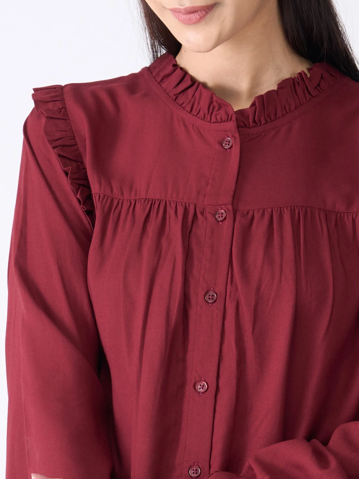 Rosy Ruffled Neckline Top-Maroon sold by Salt Attire product image thumbnail 4