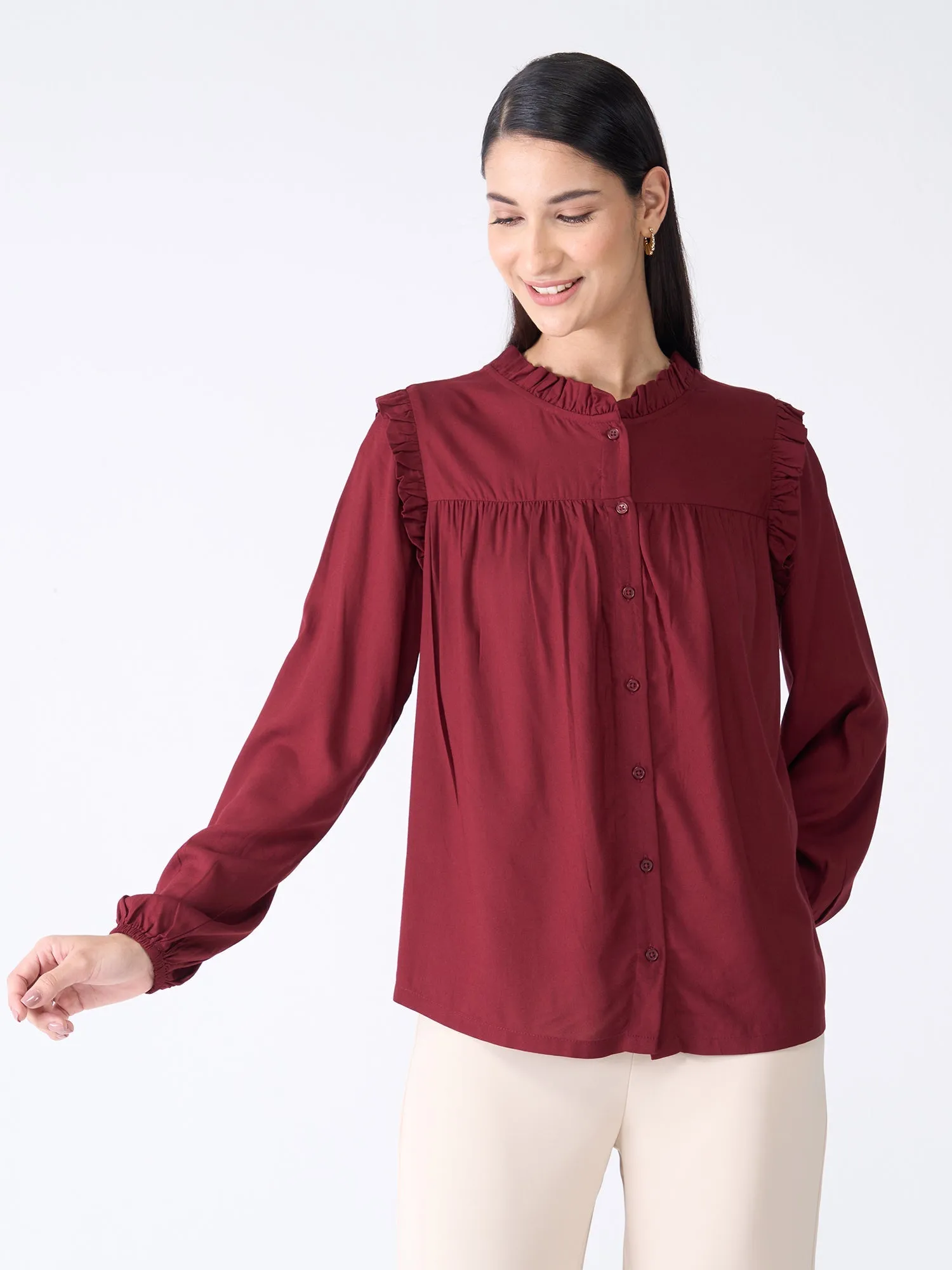 Rosy Ruffled Neckline Top-Maroon sold by Salt Attire