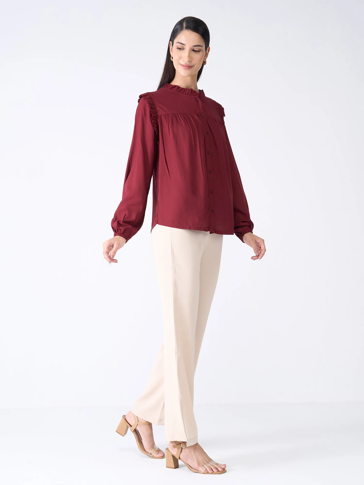 Rosy Ruffled Neckline Top-Maroon sold by Salt Attire product image thumbnail 5