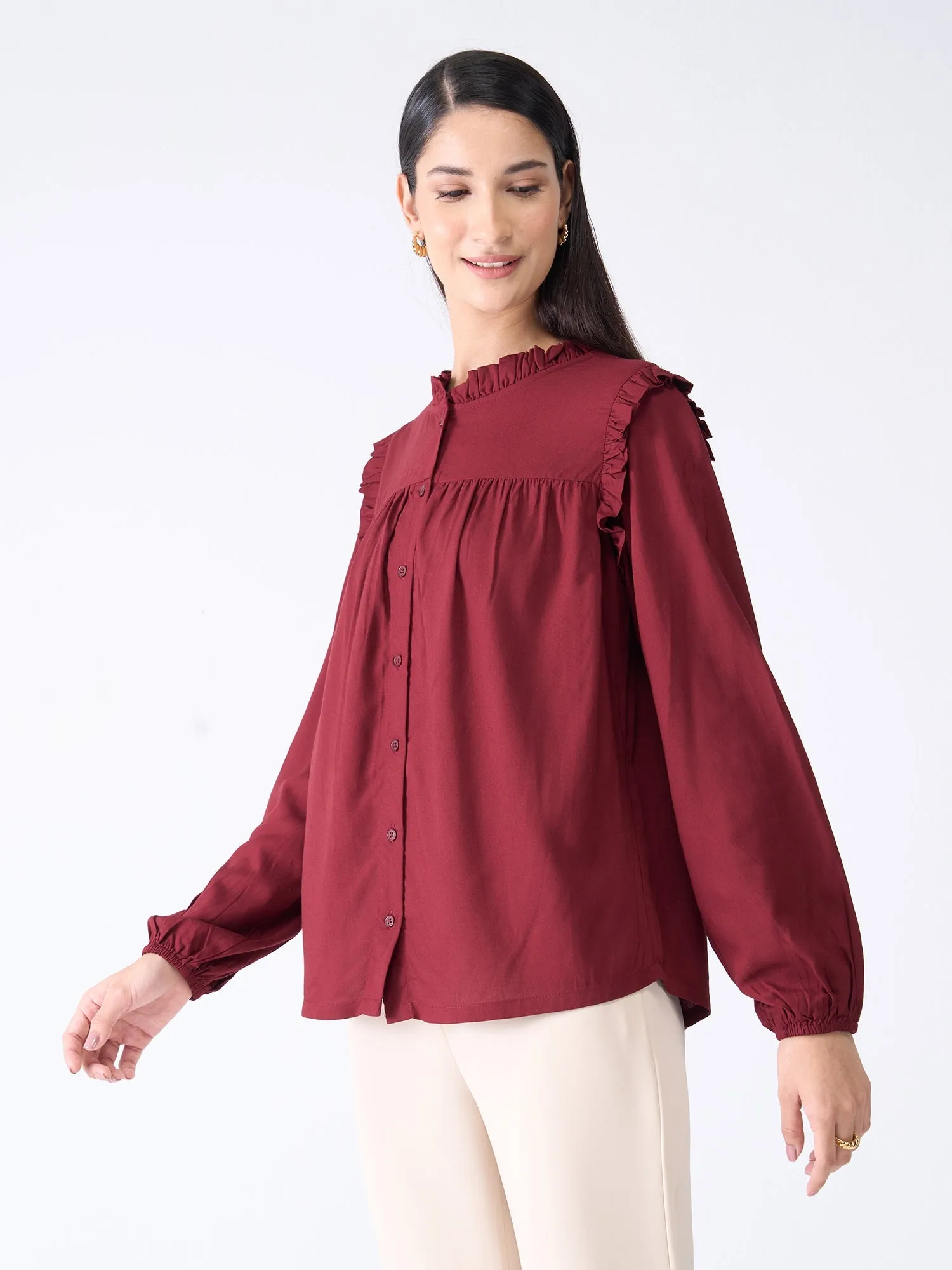 Rosy Ruffled Neckline Top-Maroon sold by Salt Attire product image thumbnail 2