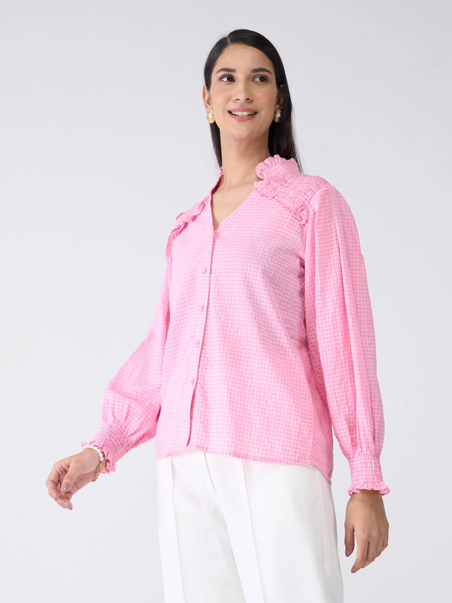Mabel Gingham Button Down Top-Pink sold by Salt Attire