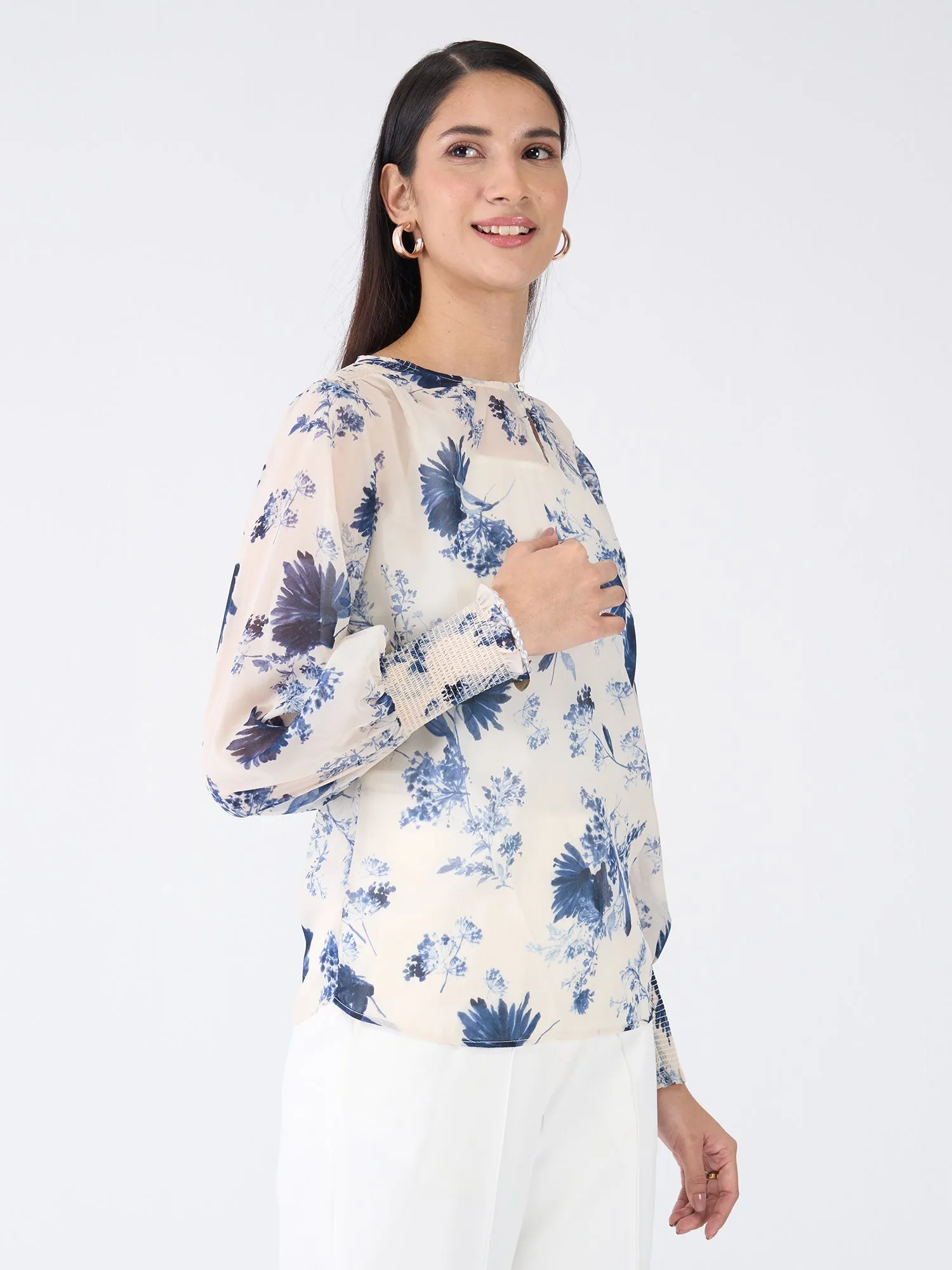 Kirsty Floral Smocked Sleeves Top-Blue & White sold by Salt Attire product image thumbnail 5
