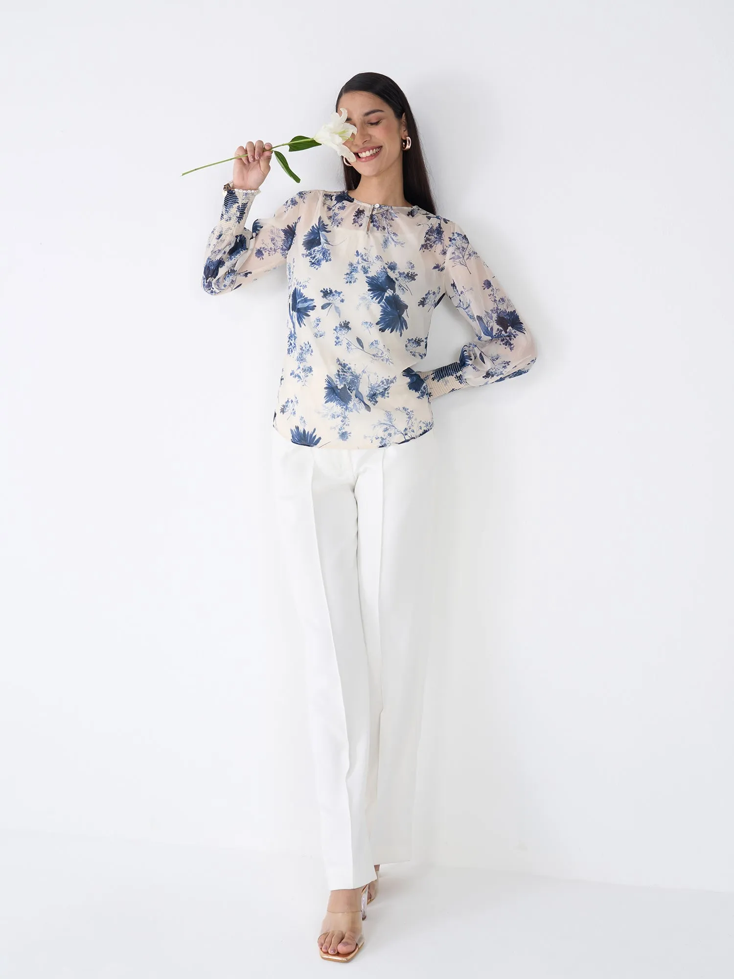 Kirsty Floral Smocked Sleeves Top-Blue & White sold by Salt Attire product image thumbnail 3