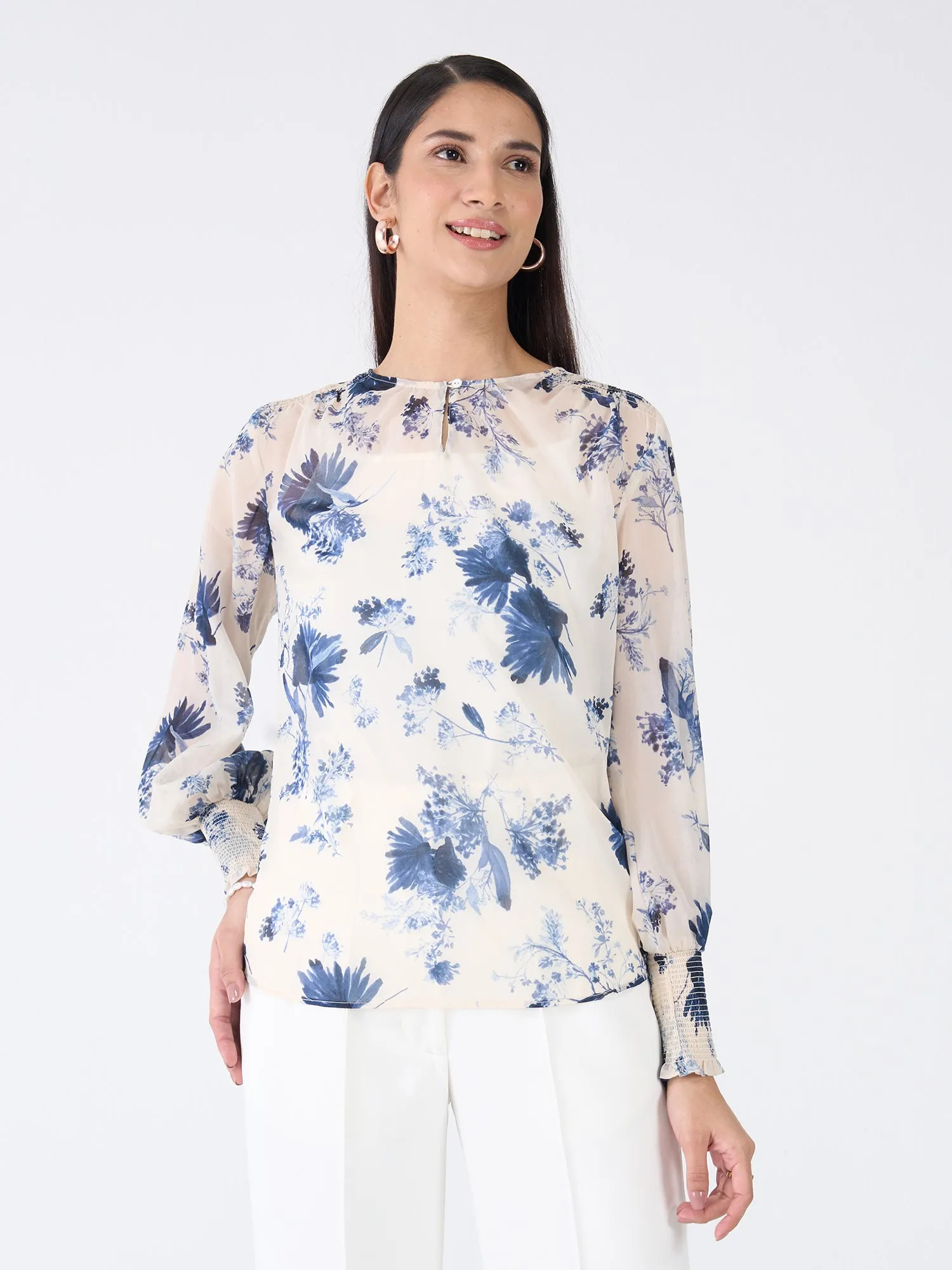 Kirsty Floral Smocked Sleeves Top-Blue & White sold by Salt Attire