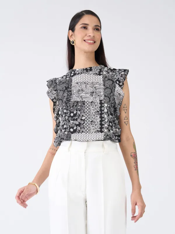 Fleck Ruffled Paisley Top-Black & White sold by Salt Attire