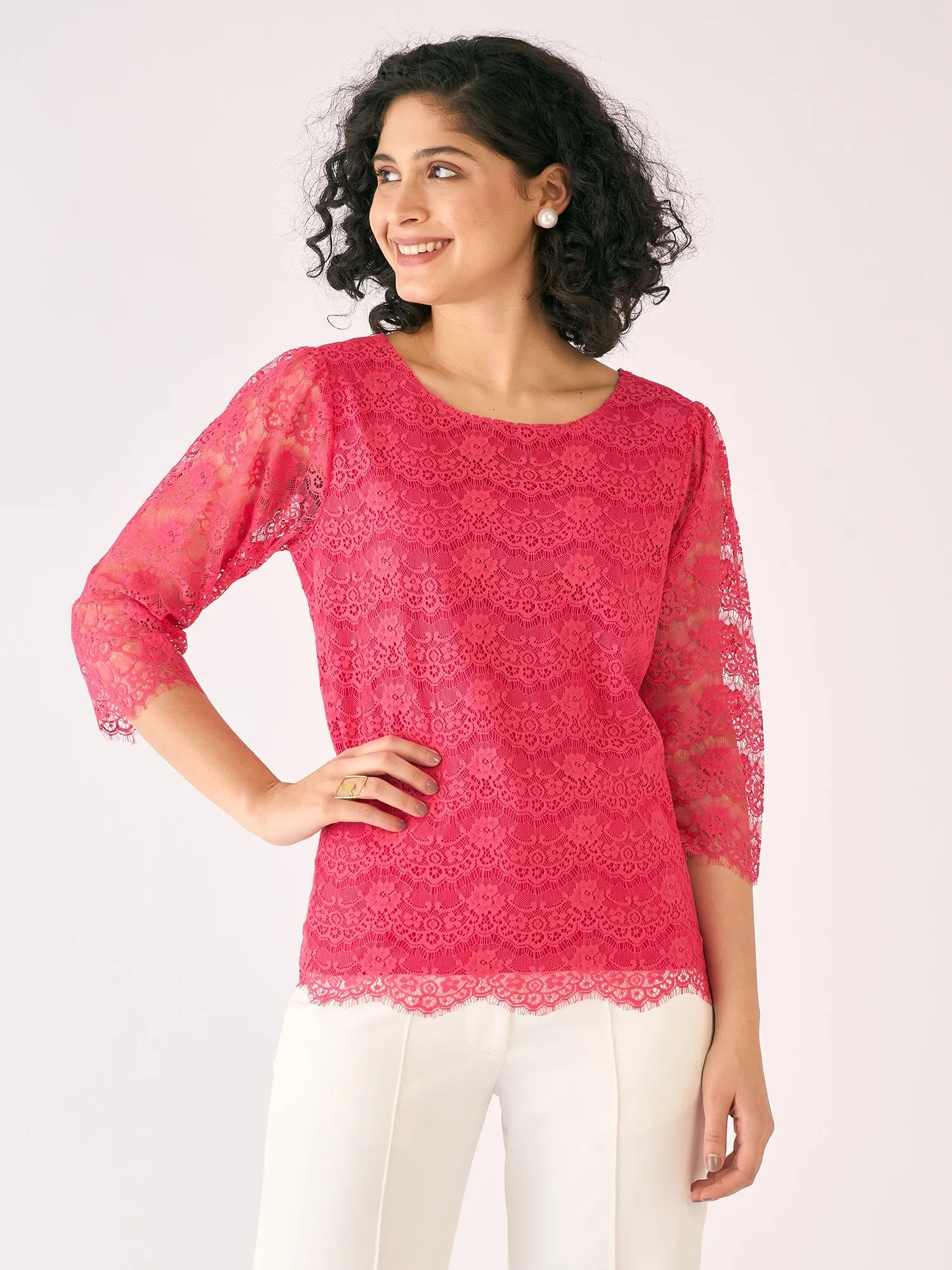Evelina Boat Neck Lace Top-Coral Pink sold by Salt Attire product image thumbnail 3