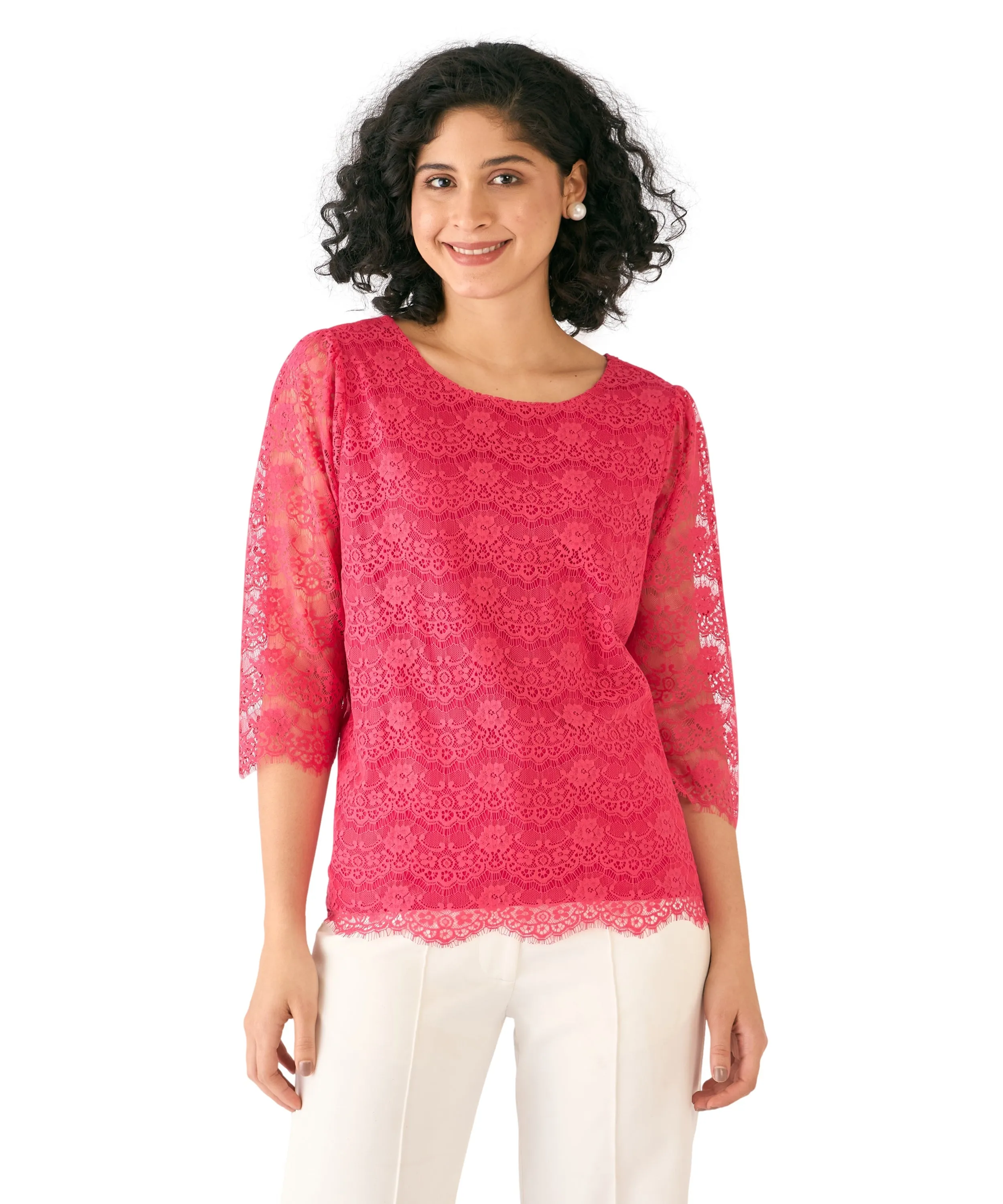 Evelina Boat Neck Lace Top-Coral Pink sold by Salt Attire product image thumbnail 4